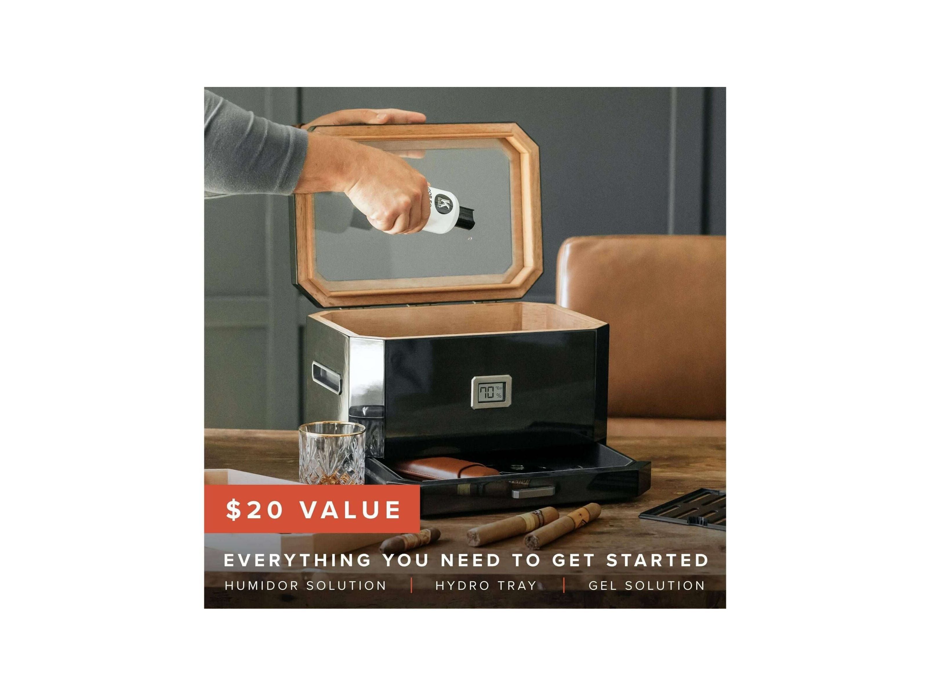 Humidor Octodor avec couvercle en verre, trousse complète et accessoires pour cigares.