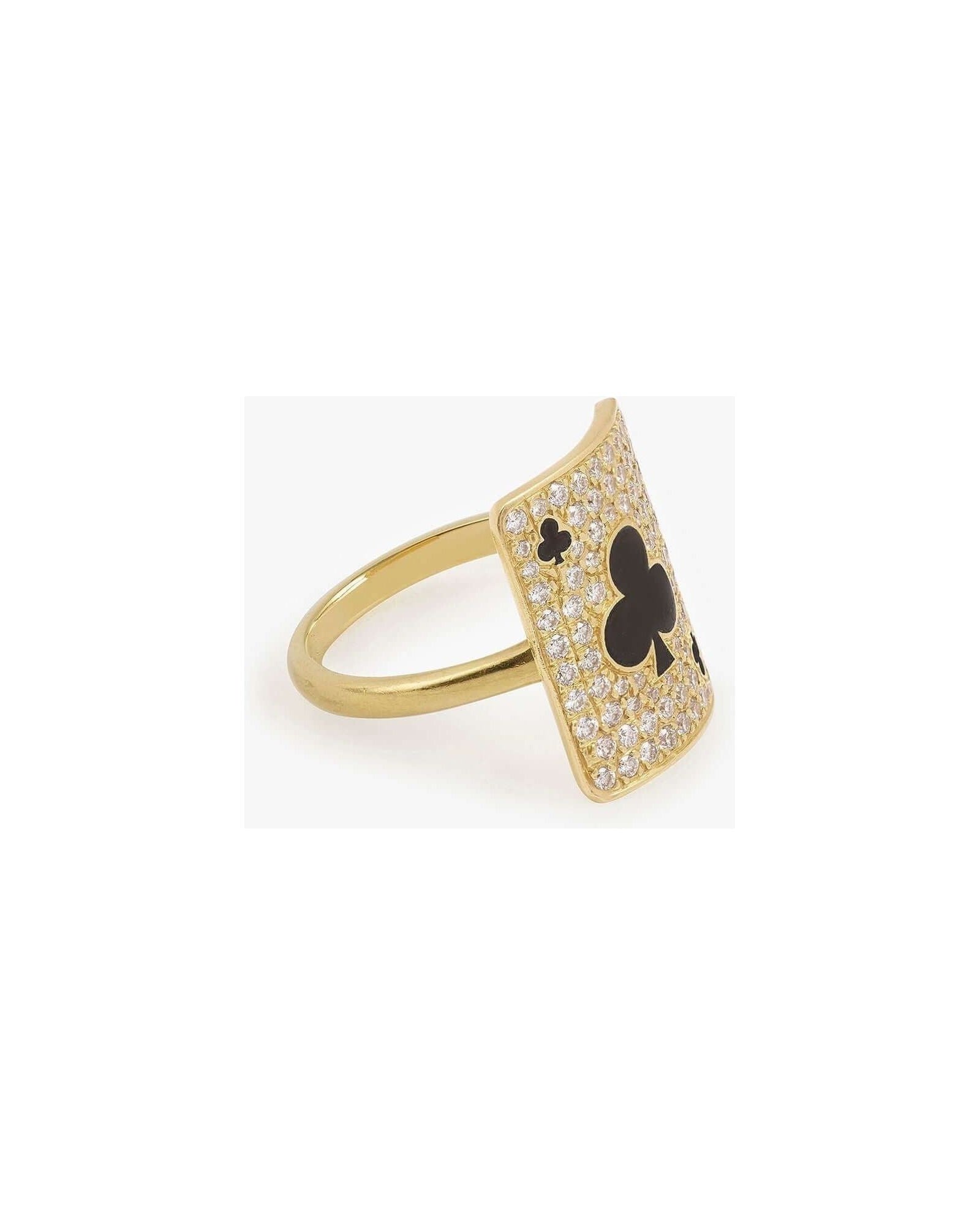Gold ring featuring a card design with a clover motif, adorned with sparkling gemstones.