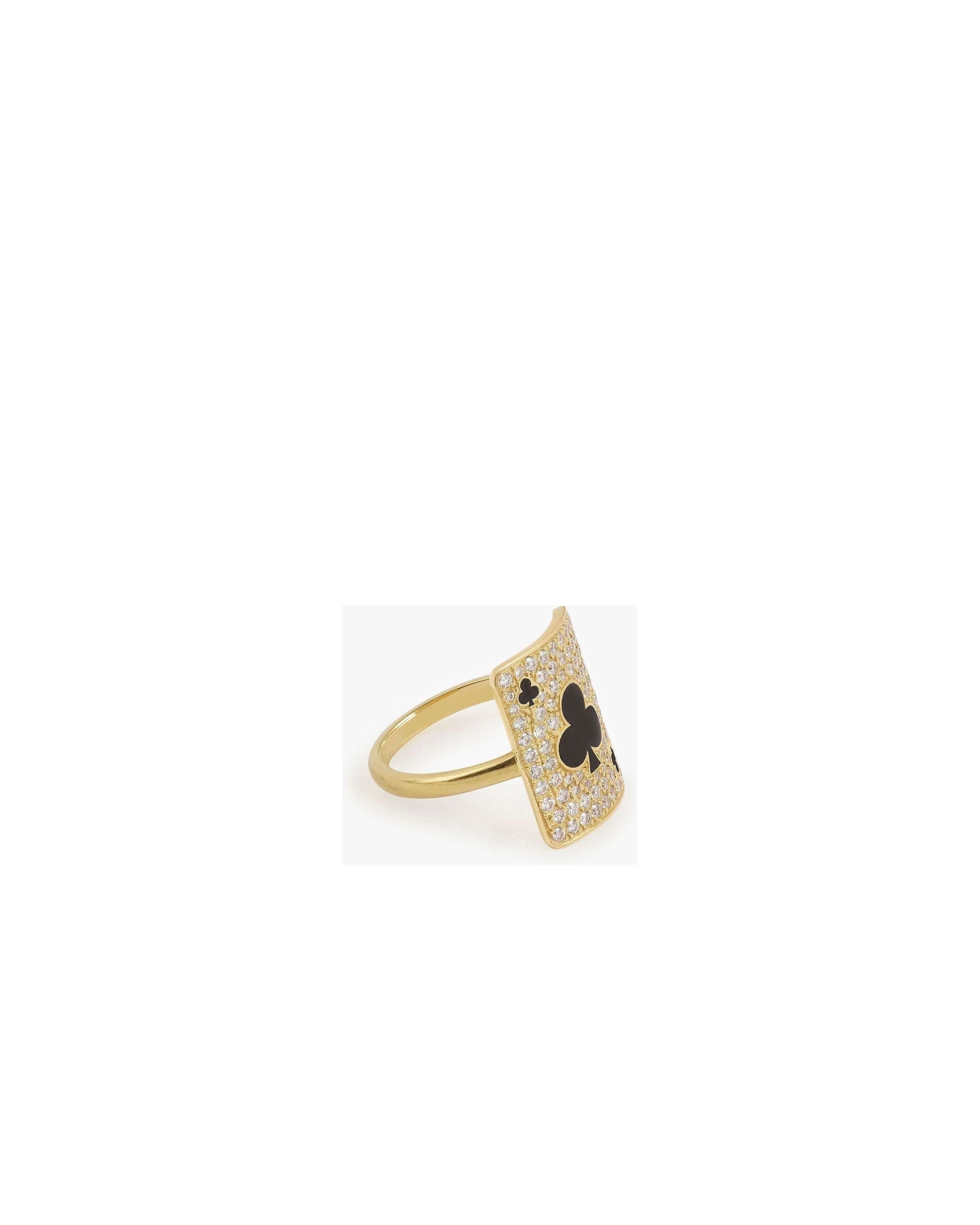 Gold ring featuring a card design with a clover motif, adorned with sparkling gemstones.