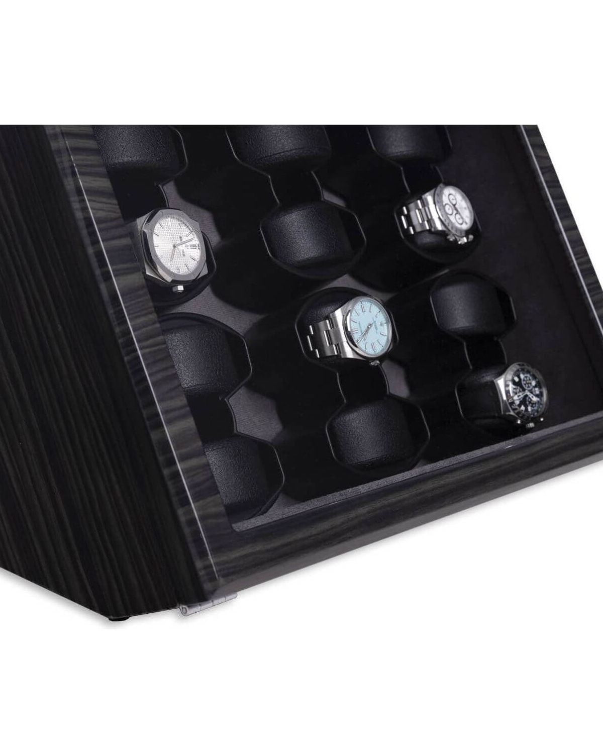 Remontoir de Montres Cosmo Twelve en bois de frêne poli, avec espace pour douze montres, élégant et fonctionnel.