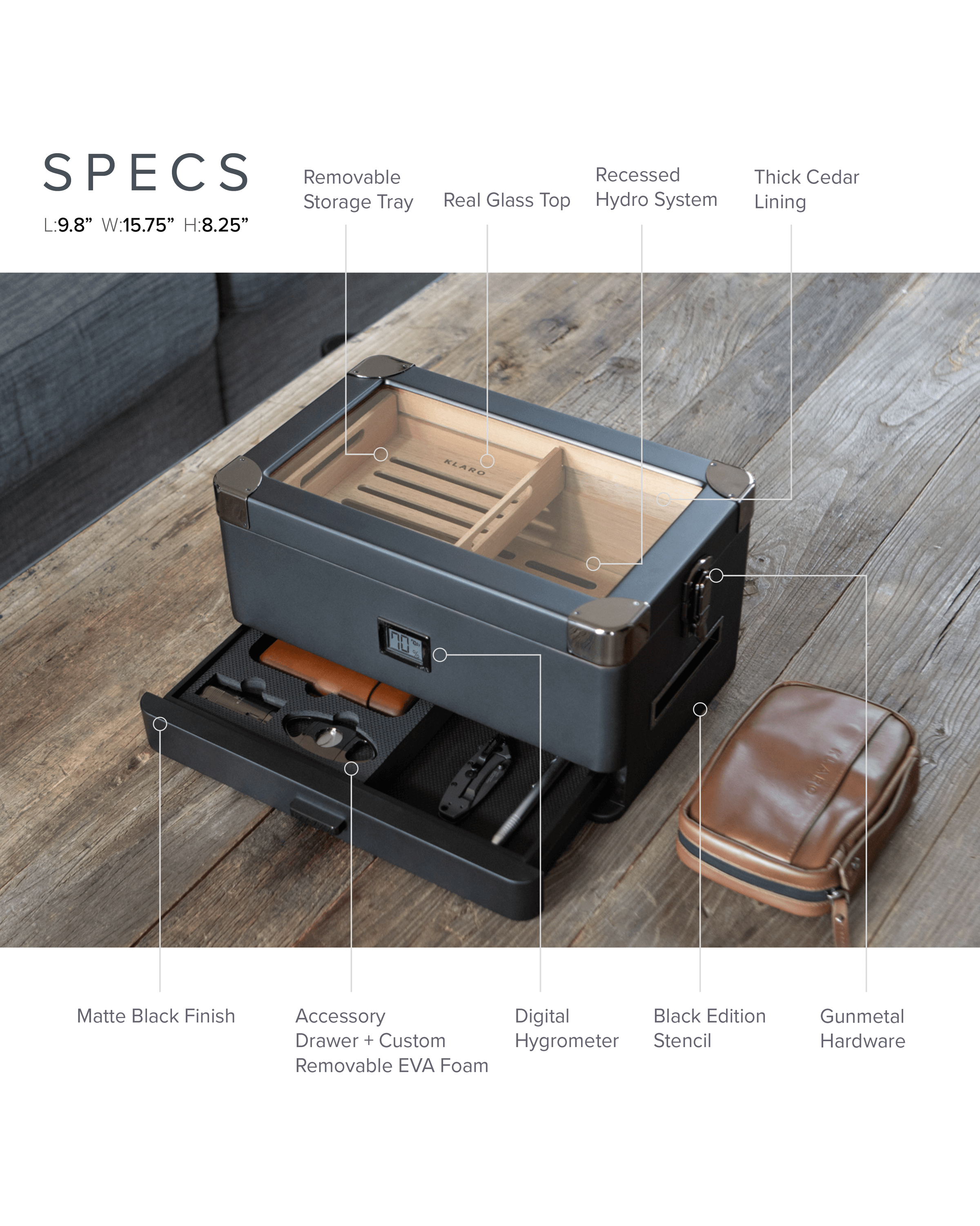 Humidor militaire Black Edition with matte black finish, cedar lining, digital hygrometer, and accessory drawer.