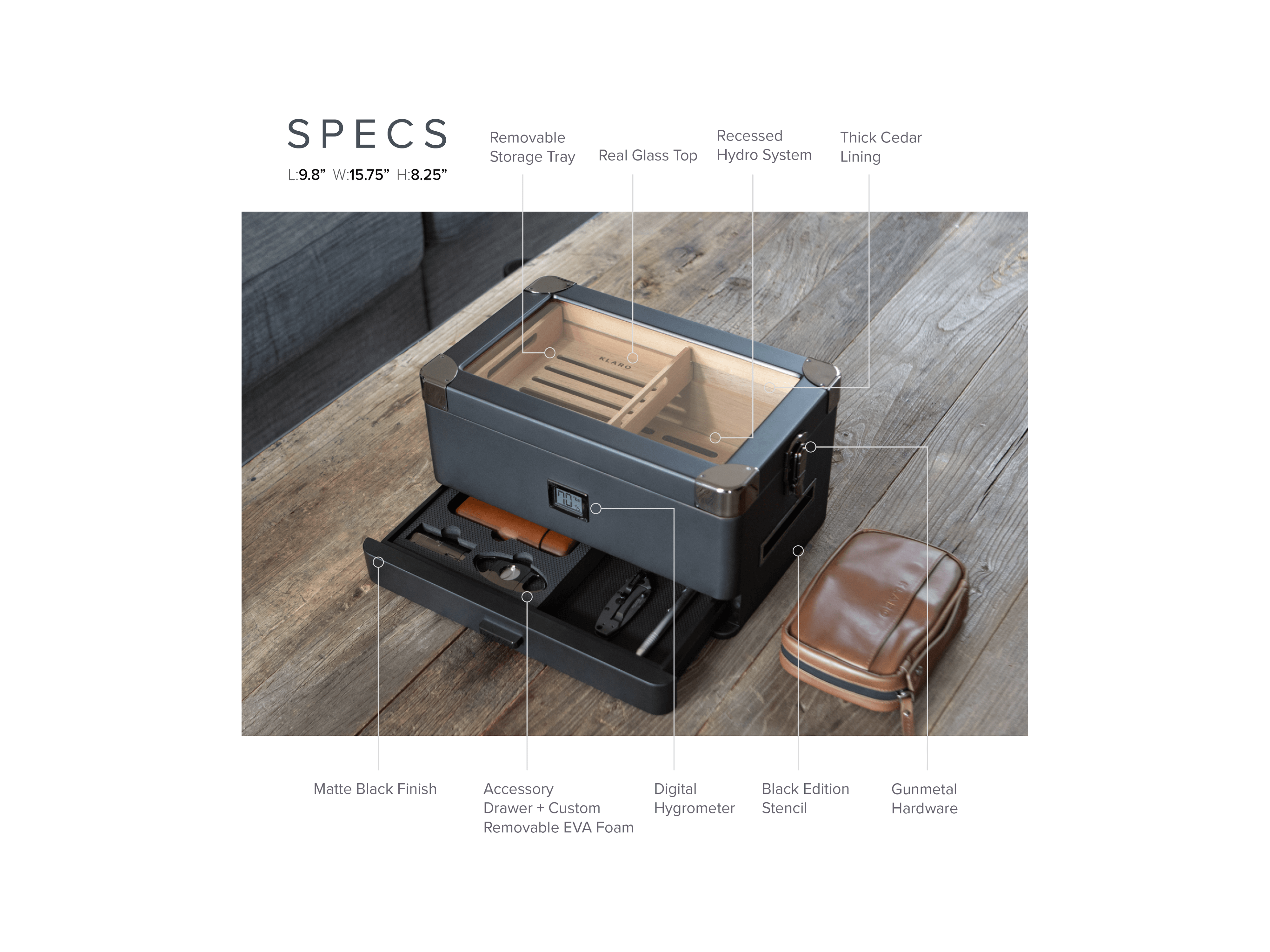 Humidor militaire Black Edition with matte black finish, cedar lining, digital hygrometer, and accessory drawer.