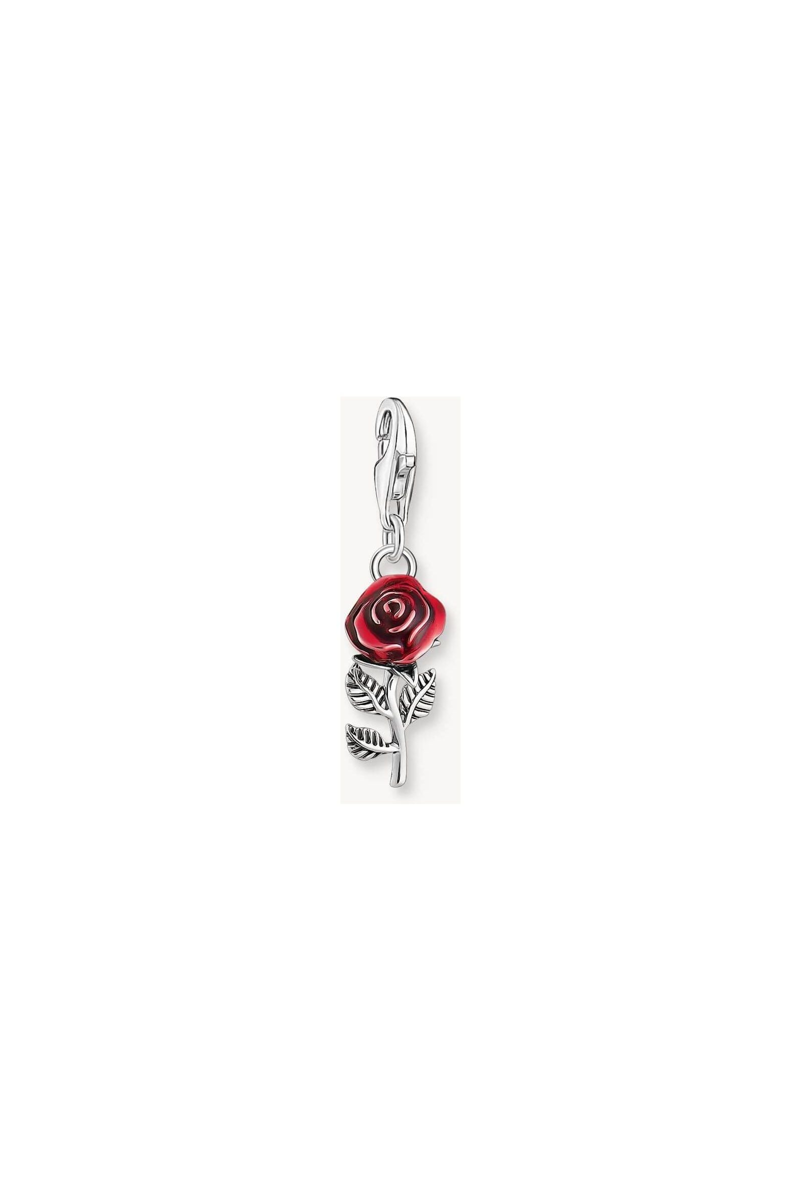 Pendentif charm en argent avec une rose rouge émaillée et détails de tige gravés, élégant pour bracelets Charm Club.