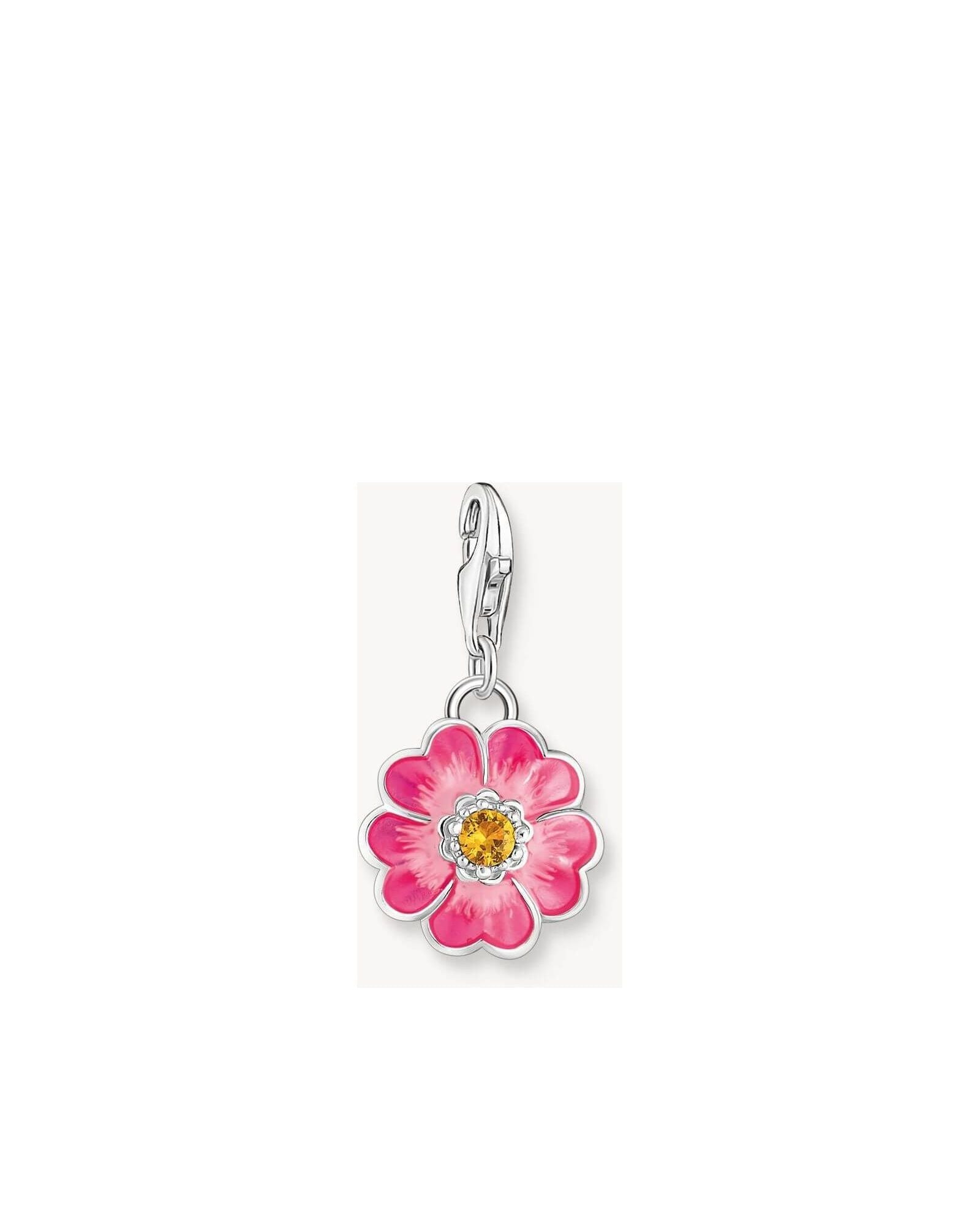 Pendentif Flower Pink en argent 925 recyclé avec zircon orange et émail dégradé de magenta à rose.