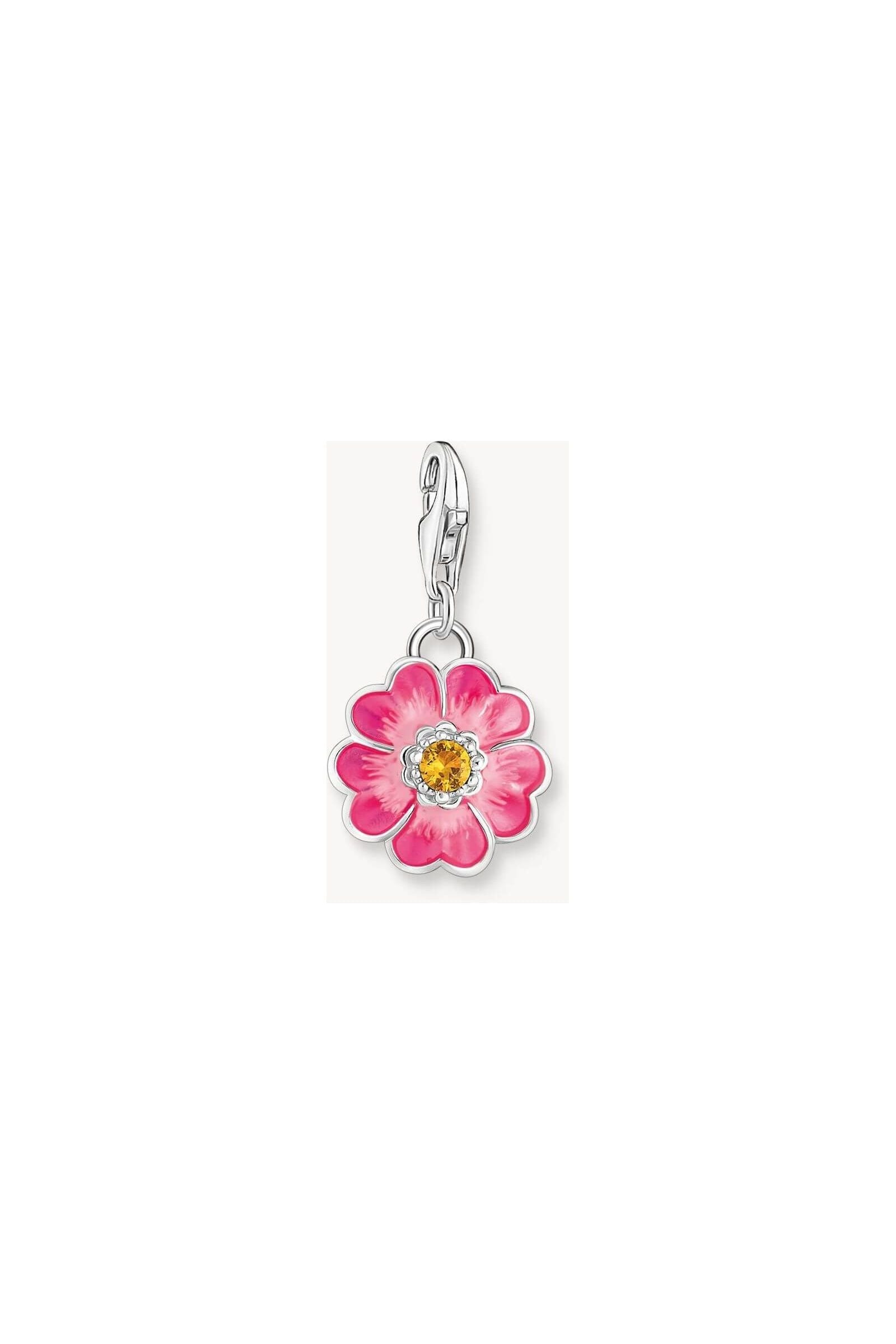 Pendentif Flower Pink en argent 925 recyclé avec zircon orange et émail dégradé de magenta à rose.