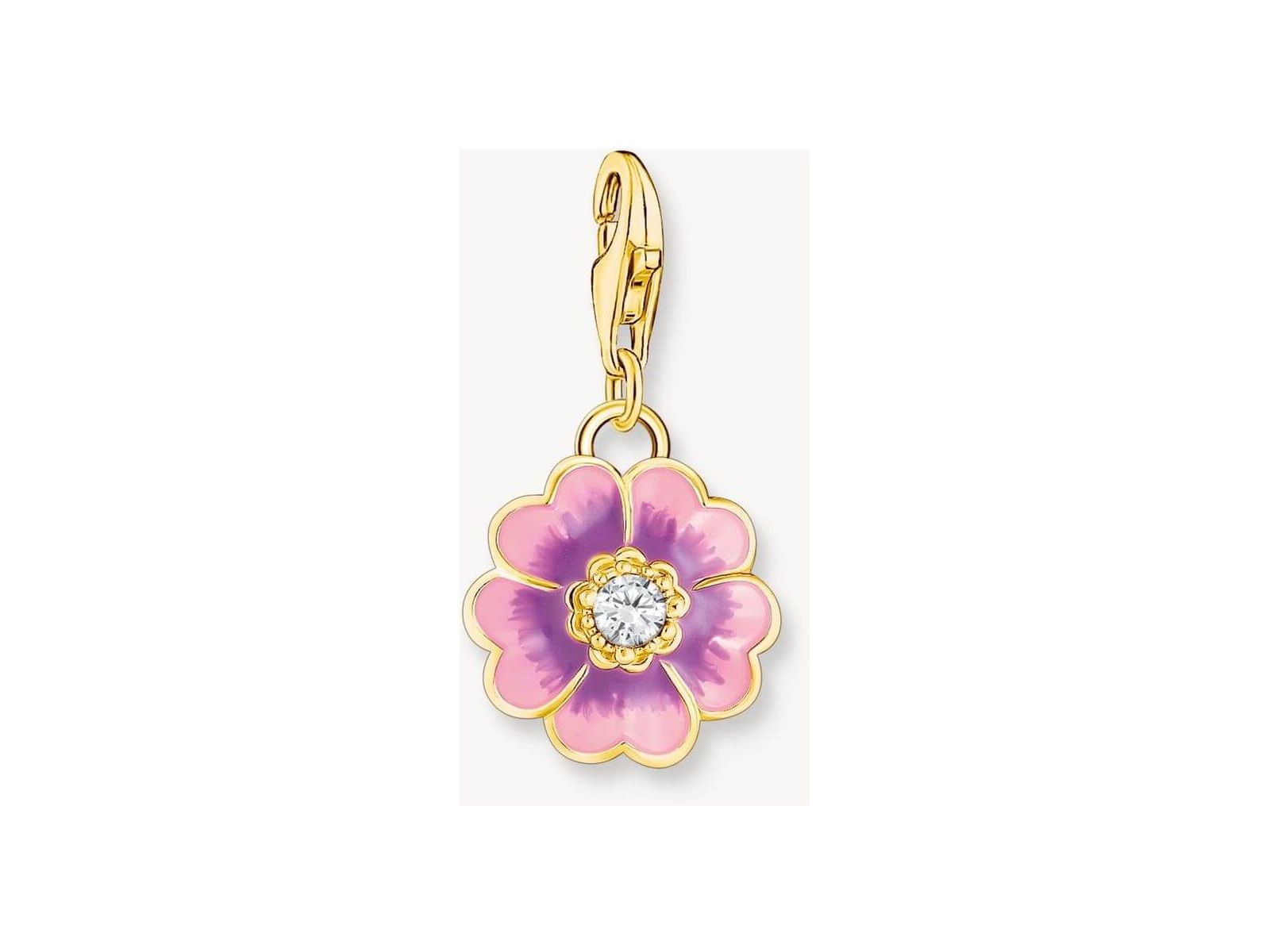 Pendentif flower violet doré à l'or fin, avec zircon blanc et émail dégradé rose à violet.