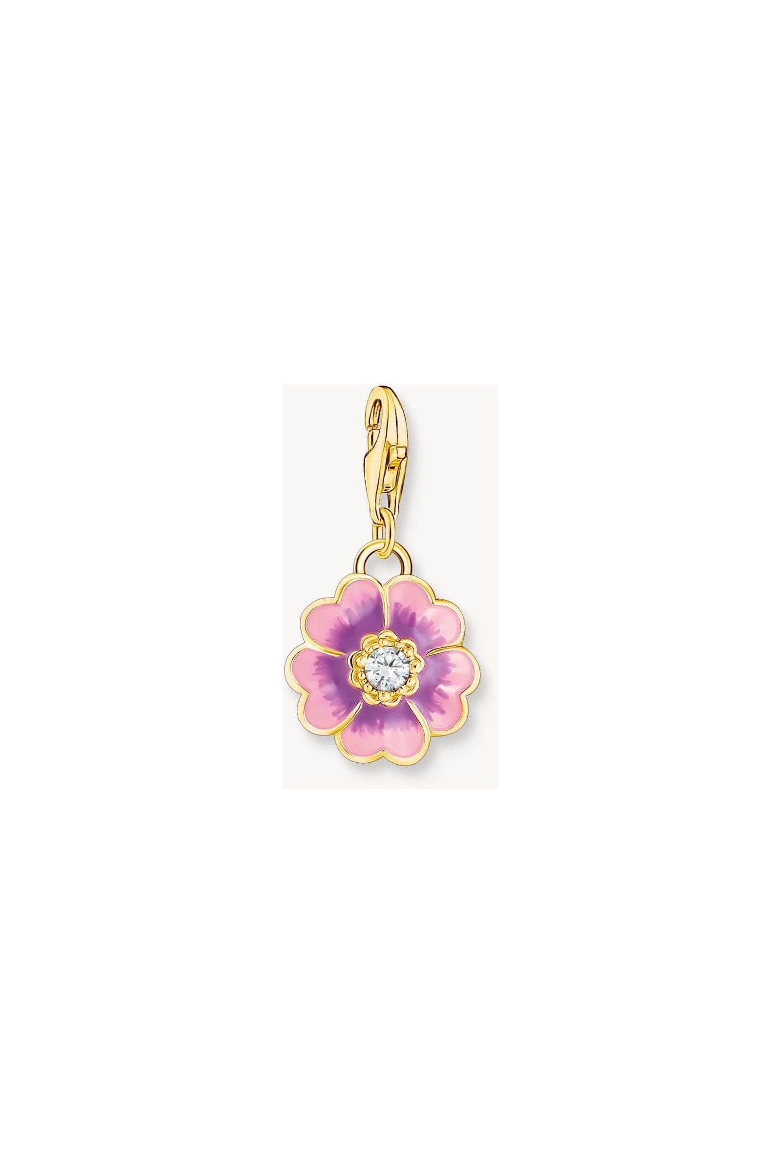 Pendentif flower violet doré à l'or fin, avec zircon blanc et émail dégradé rose à violet.