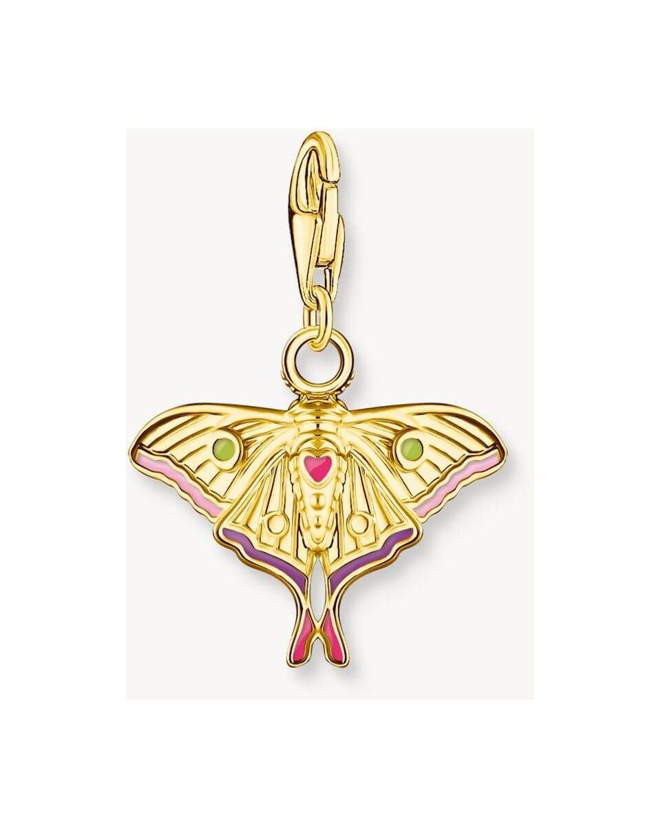 Colorful gold moth pendant in filigree design with pink, lilac, and green enamel accents.