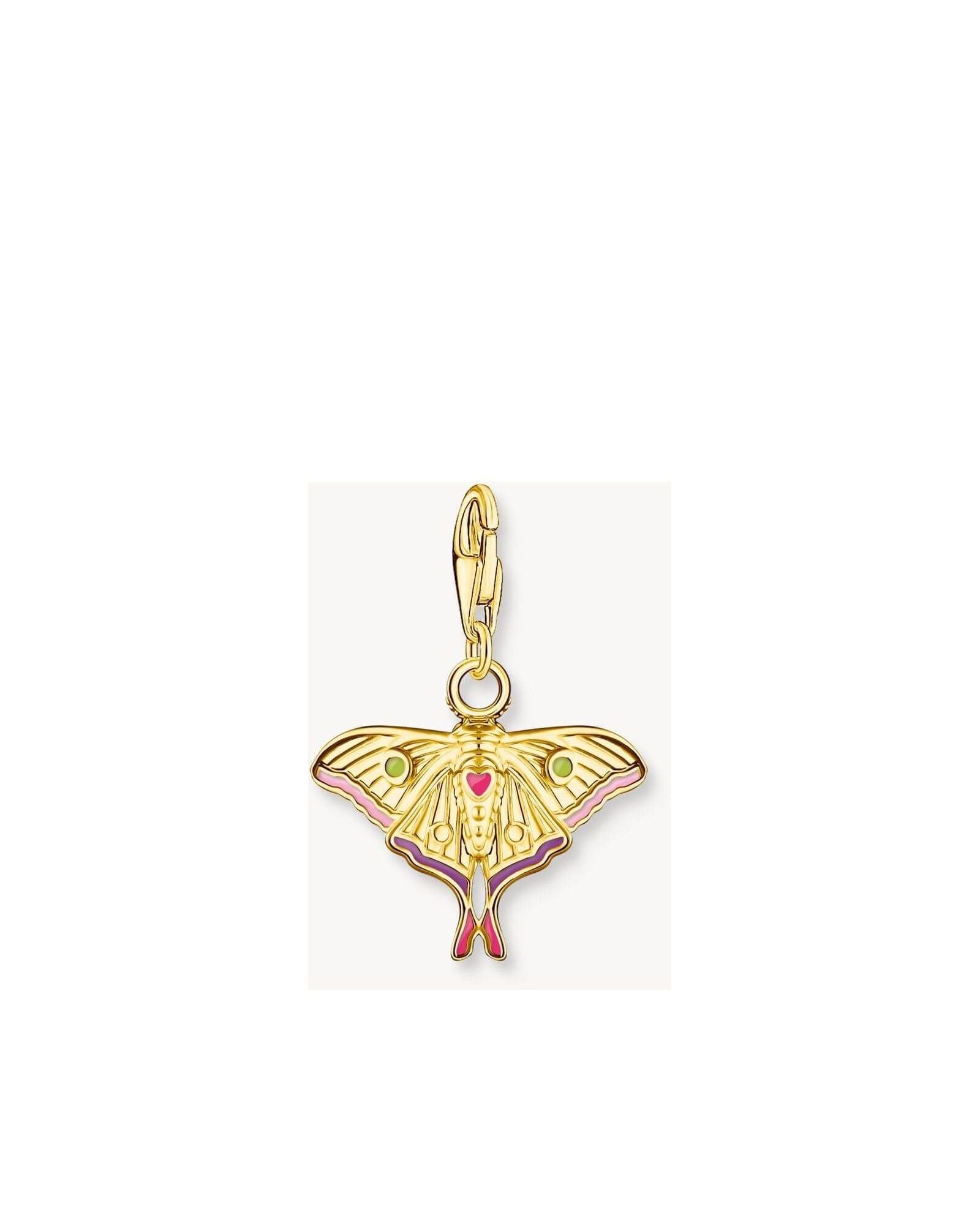 Colorful gold moth pendant in filigree design with pink, lilac, and green enamel accents.