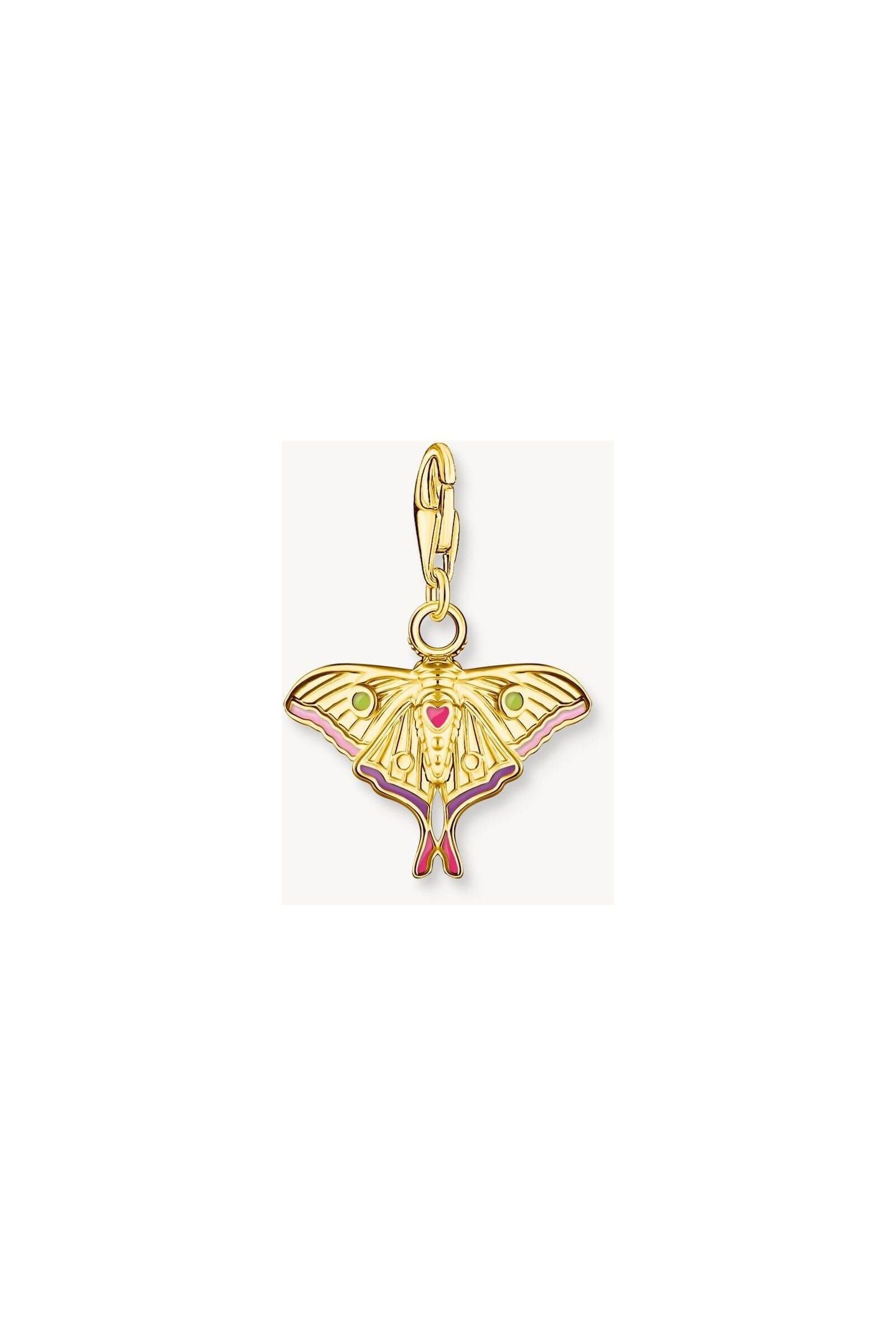 Colorful gold moth pendant in filigree design with pink, lilac, and green enamel accents.
