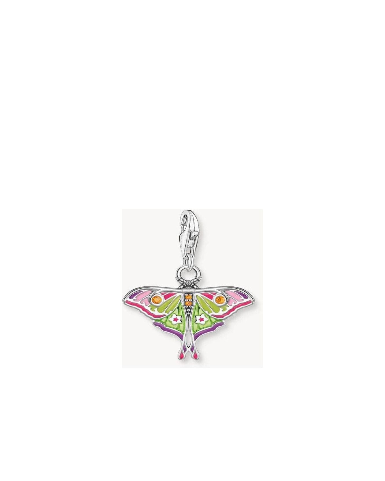 Pendentif papillon de nuit en argent coloré avec émail magenta, lilas, rose et vert citron, décoré de zirconium.