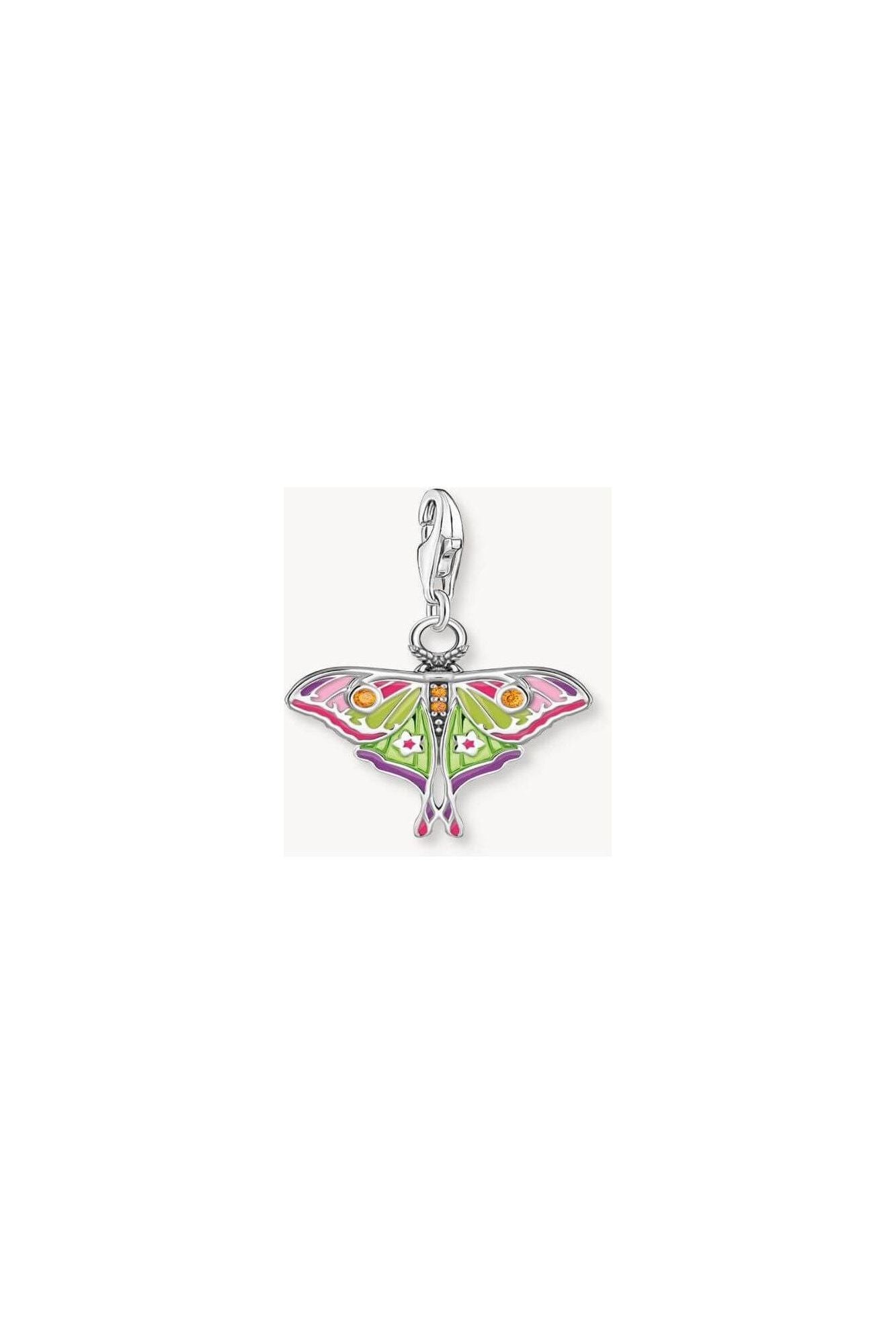Pendentif papillon de nuit en argent coloré avec émail magenta, lilas, rose et vert citron, décoré de zirconium.