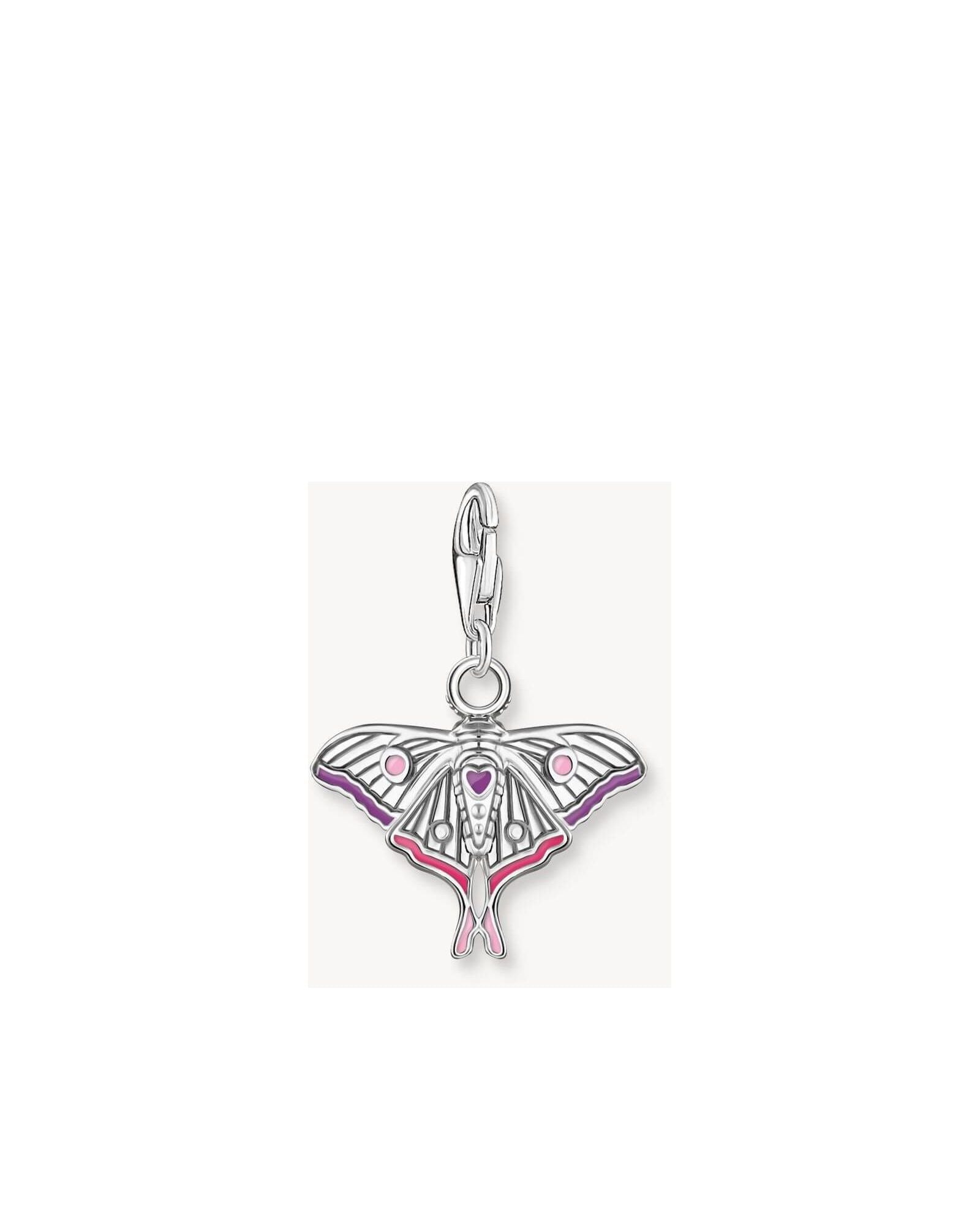 Pendentif papillon de nuit en argent coloré, élégant et finement travaillé, avec émaillage magenta et lilas.