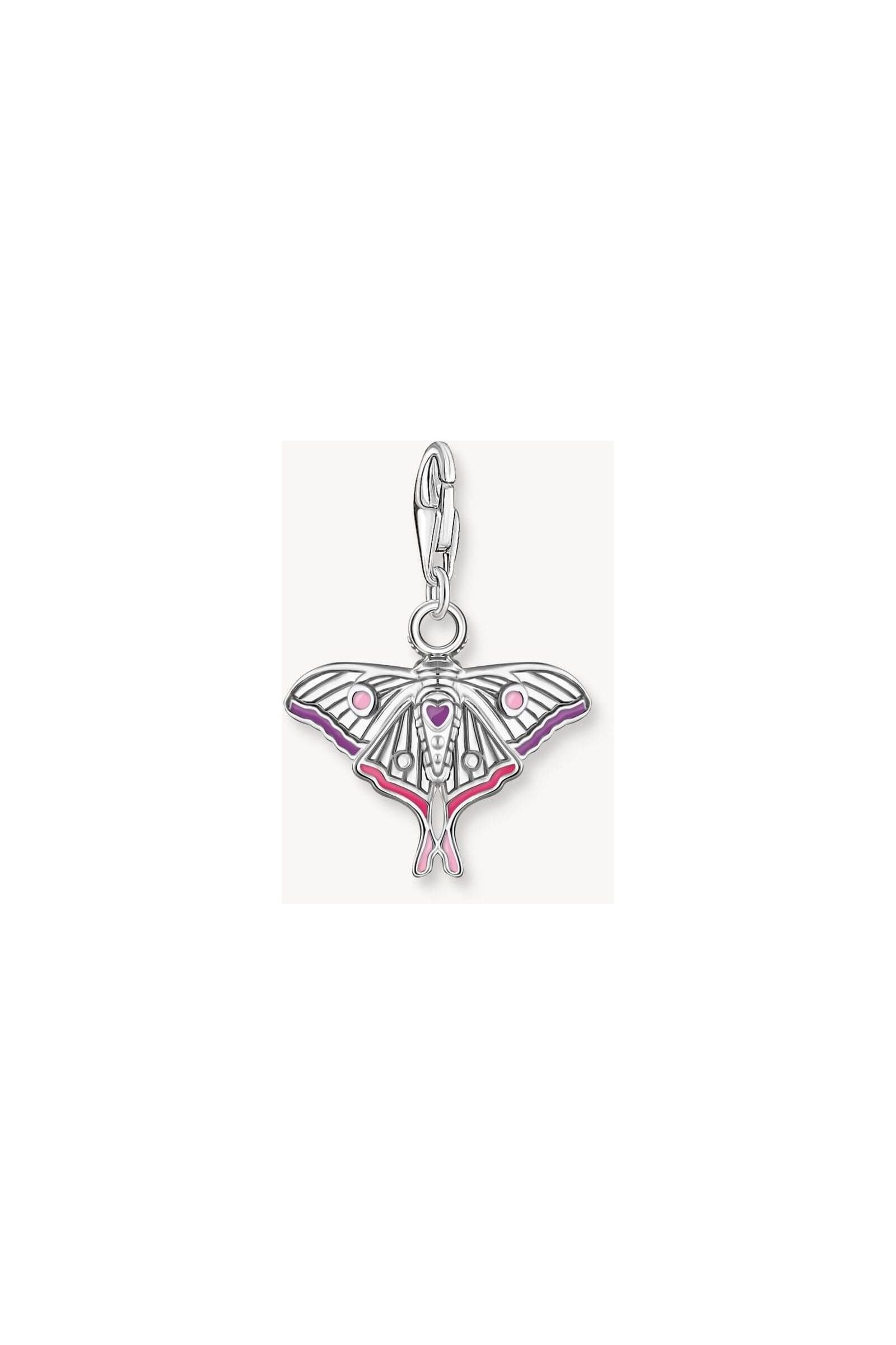 Pendentif papillon de nuit en argent coloré, élégant et finement travaillé, avec émaillage magenta et lilas.