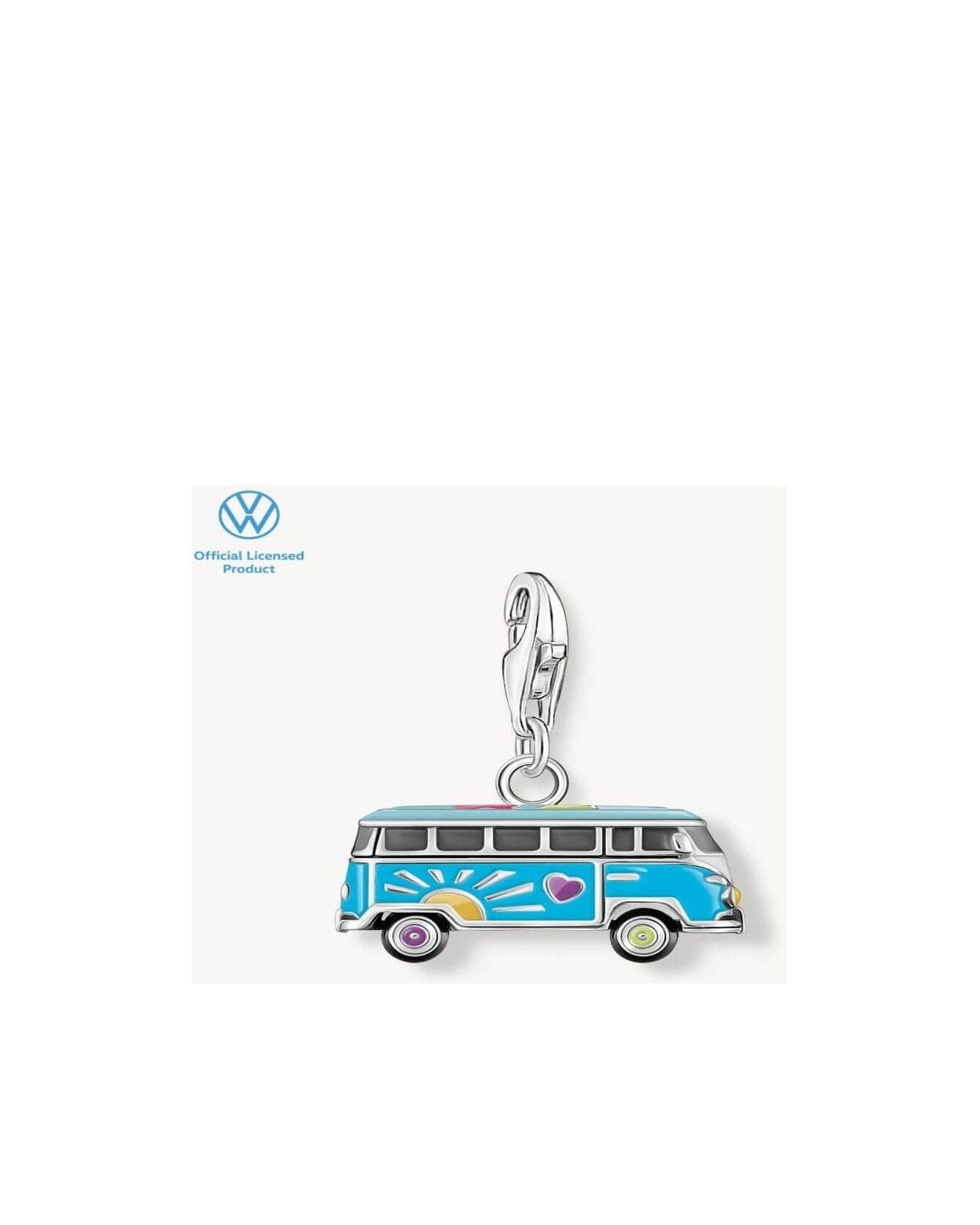 Charm pendentif en argent représentant un bus Volkswagen hippie coloré, joyeux et détaillé.