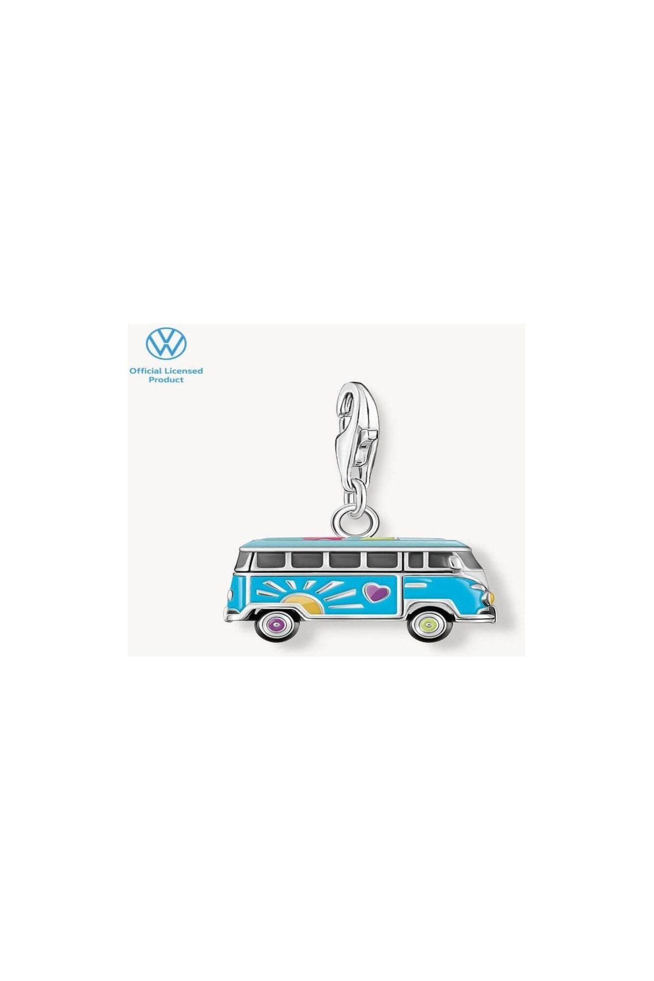 Charm pendentif en argent représentant un bus Volkswagen hippie coloré, joyeux et détaillé.