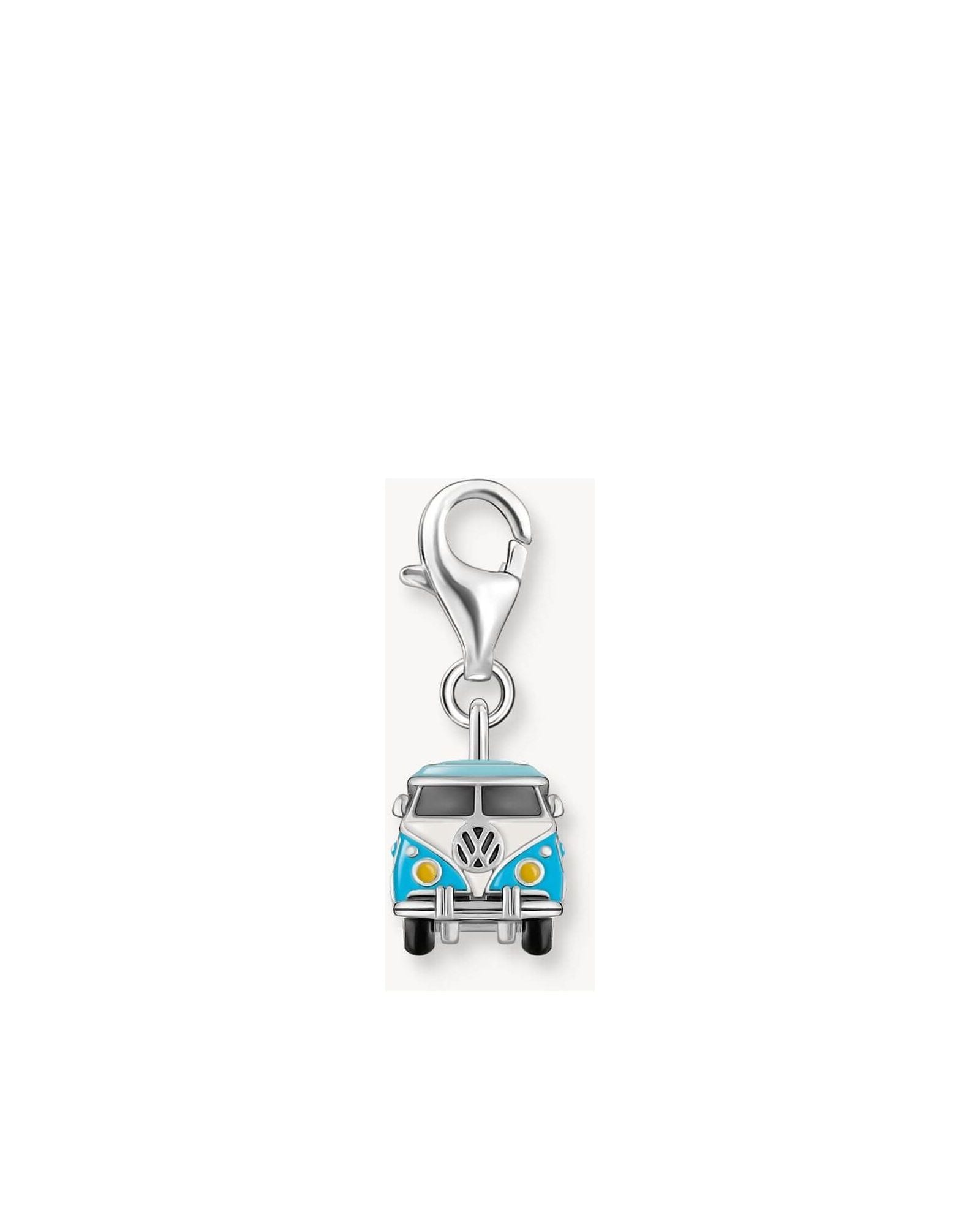 Pendentif charm en argent recyclé représentant un bus Volkswagen hippie bleu avec fermoir mousqueton.