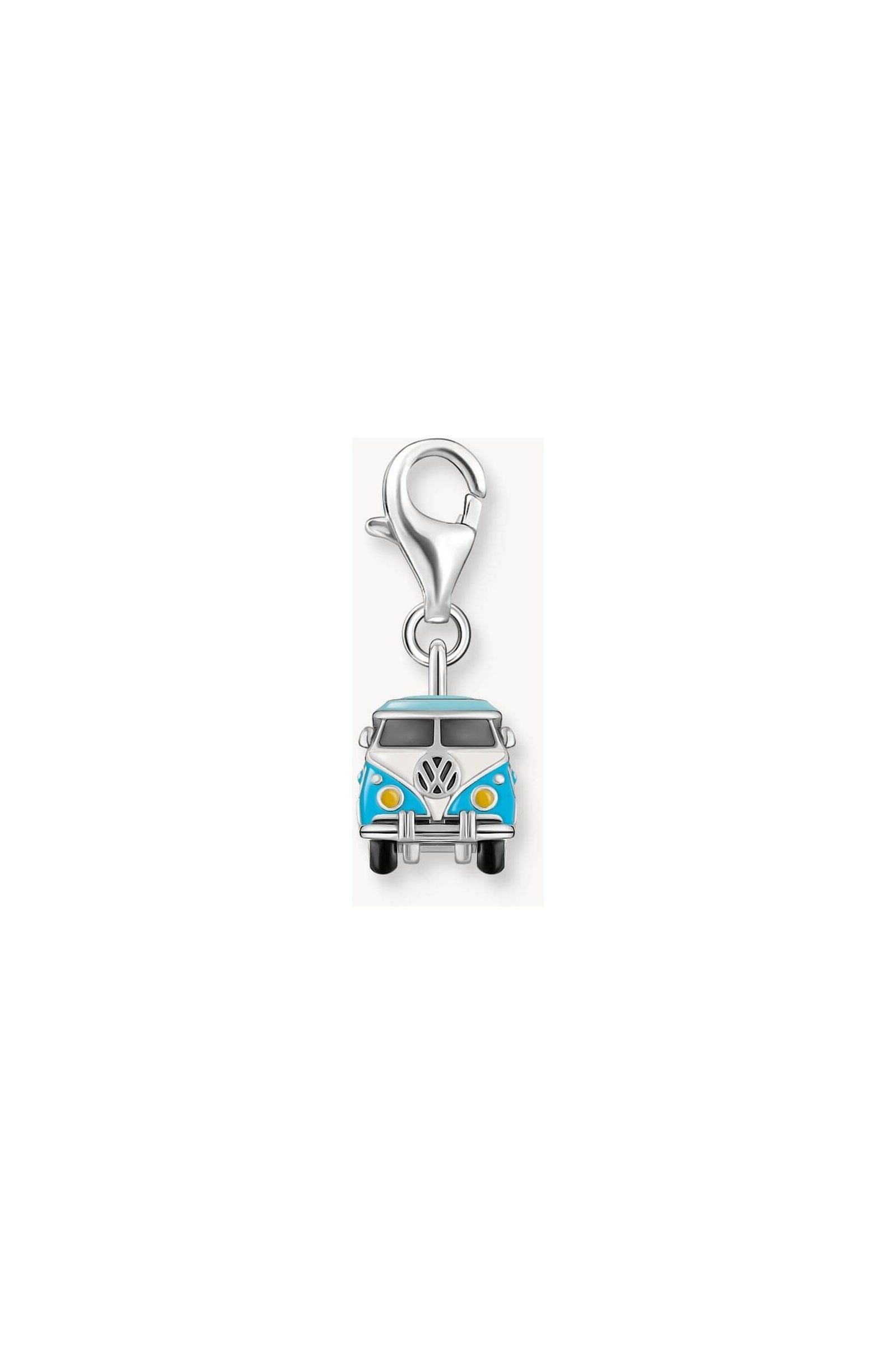 Pendentif charm en argent recyclé représentant un bus Volkswagen hippie bleu avec fermoir mousqueton.