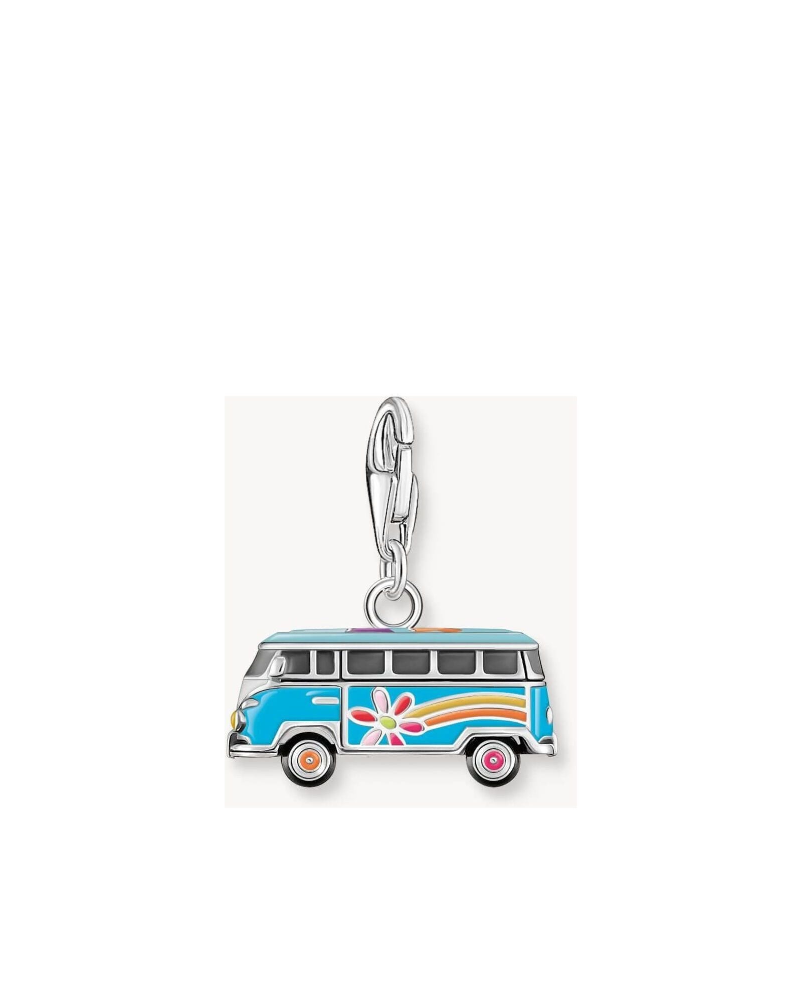 Charm pendentif en argent représentant un bus Volkswagen hippie avec motifs floraux et couleurs vives.