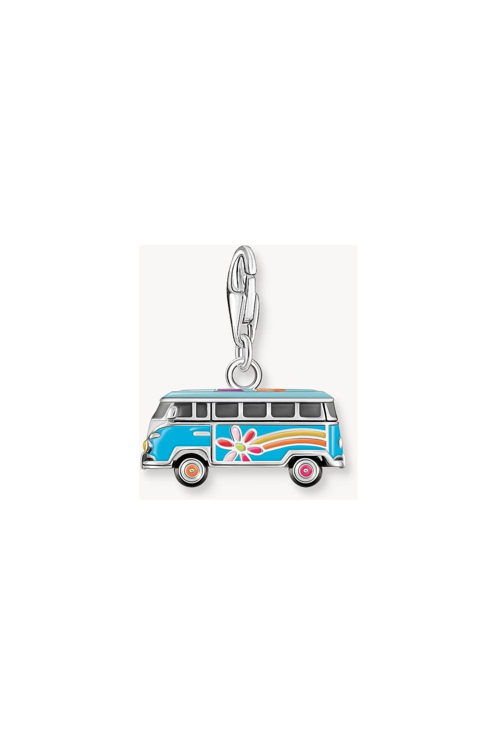 Charm pendentif en argent représentant un bus Volkswagen hippie avec motifs floraux et couleurs vives.
