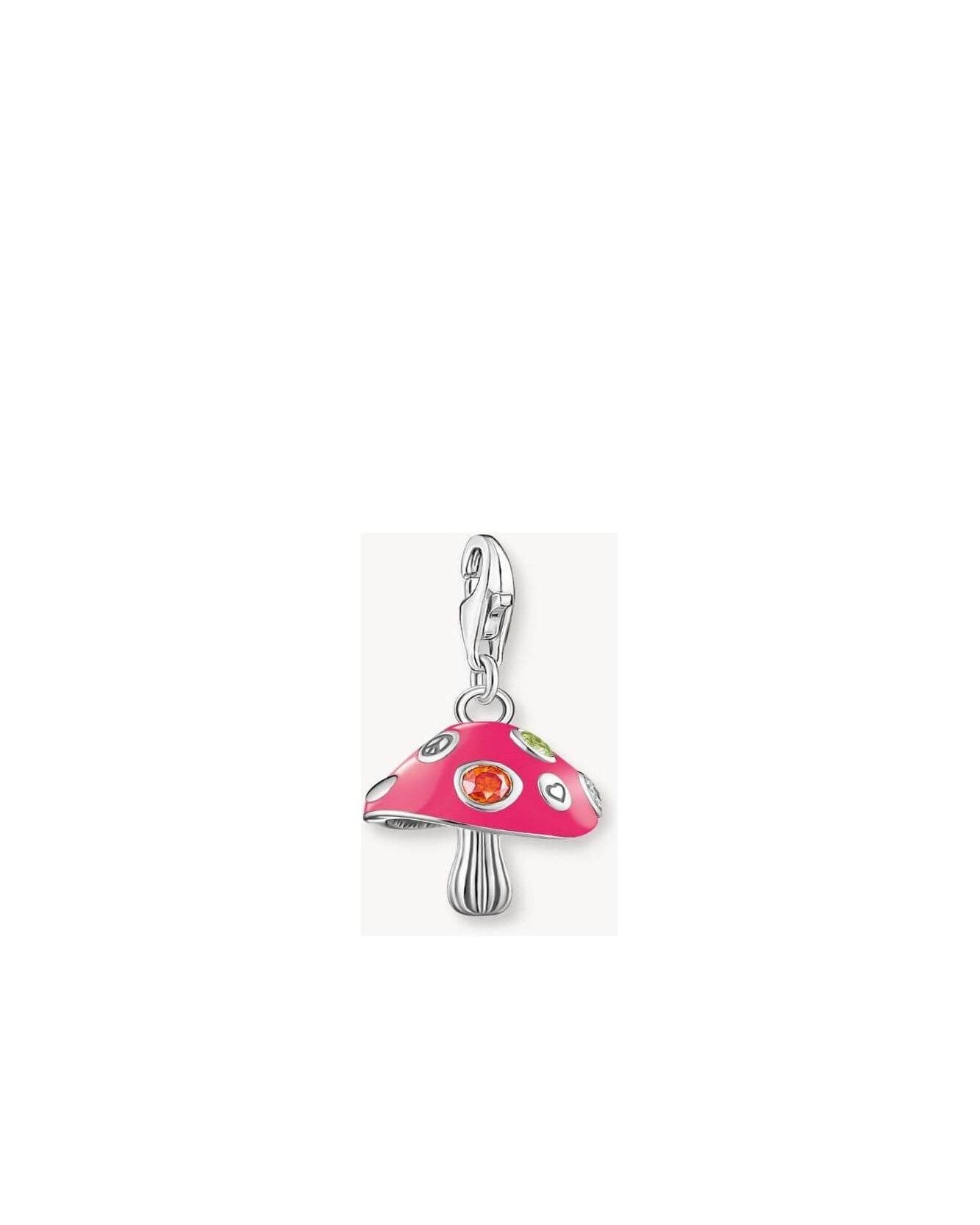 Colorful mushroom pendant in silver, featuring sparkling stones and vibrant pink enamel, perfect for adding flair to jewelry.