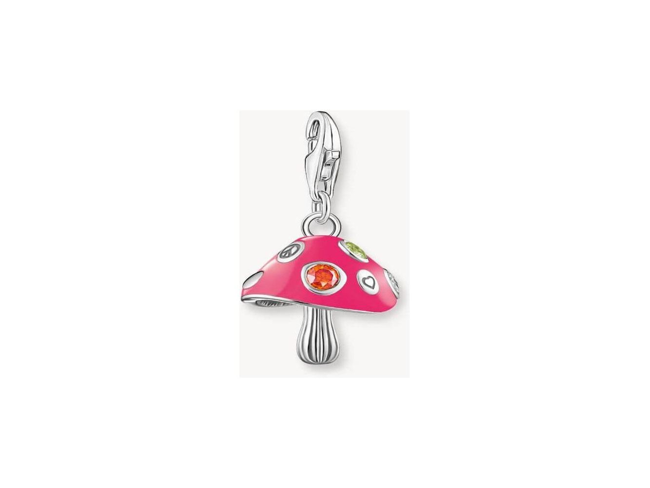 Colorful mushroom pendant in silver, featuring sparkling stones and vibrant pink enamel, perfect for adding flair to jewelry.