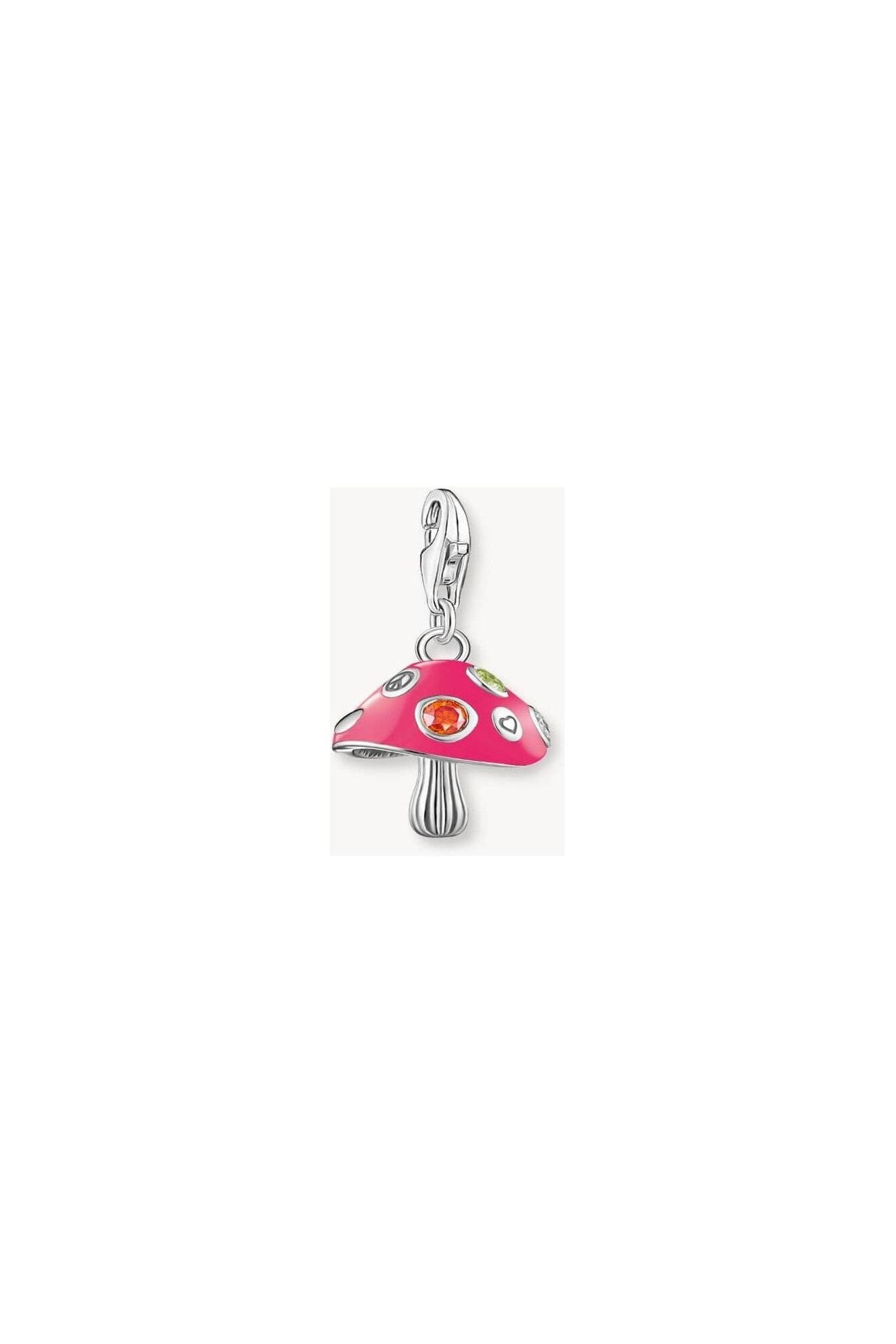 Colorful mushroom pendant in silver, featuring sparkling stones and vibrant pink enamel, perfect for adding flair to jewelry.