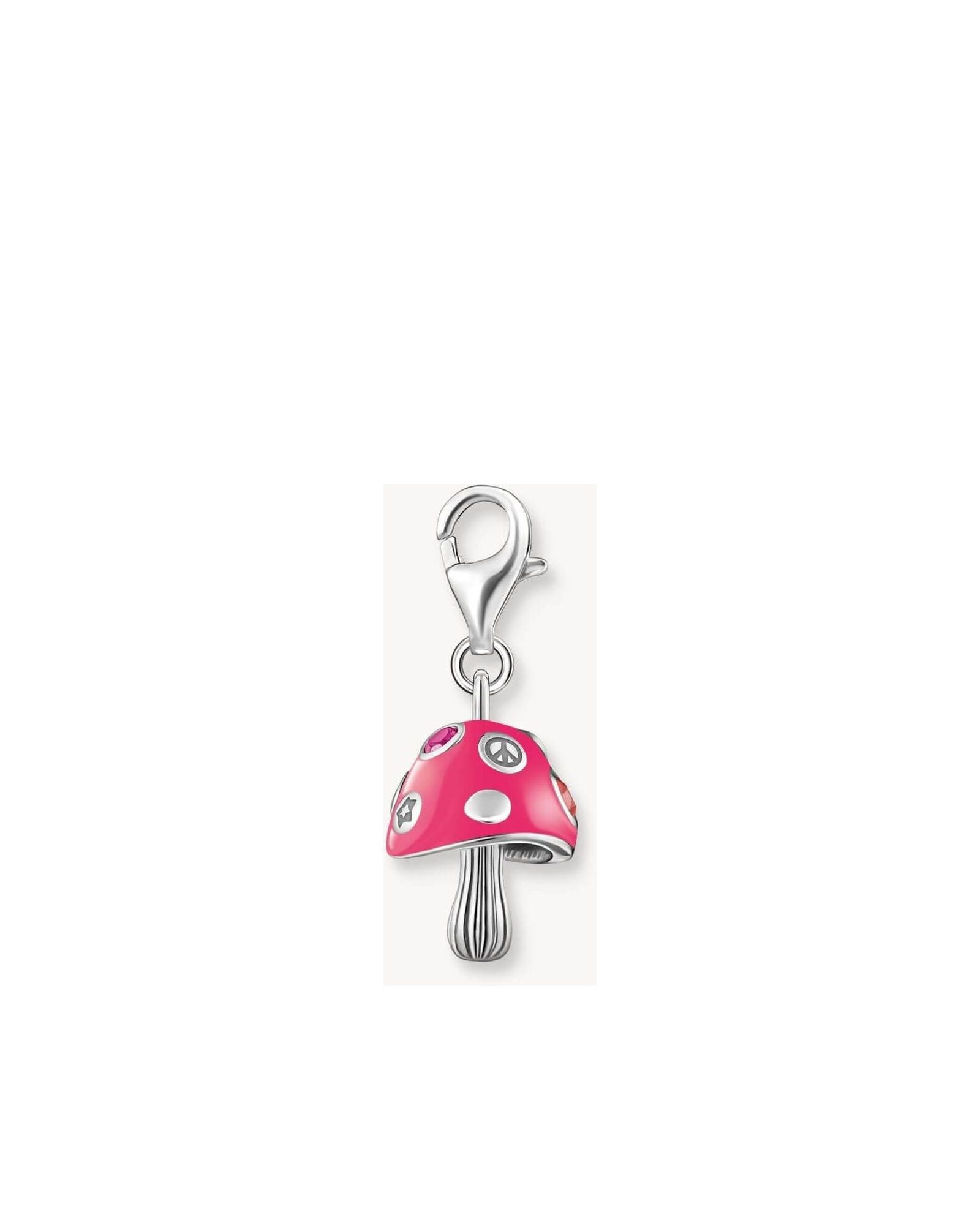 Pendentif champignon coloré en argent recyclé avec émail rose et pierres multicolores, fermoir mousqueton.