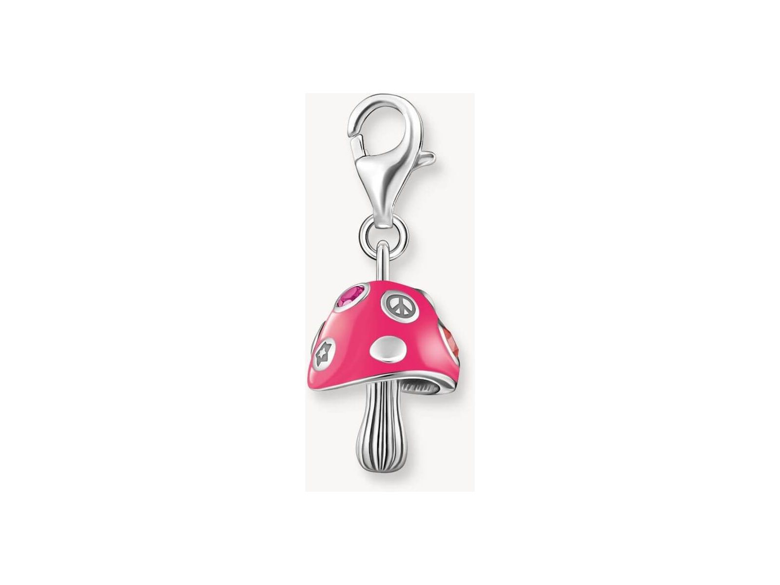 Pendentif champignon coloré en argent recyclé avec émail rose et pierres multicolores, fermoir mousqueton.