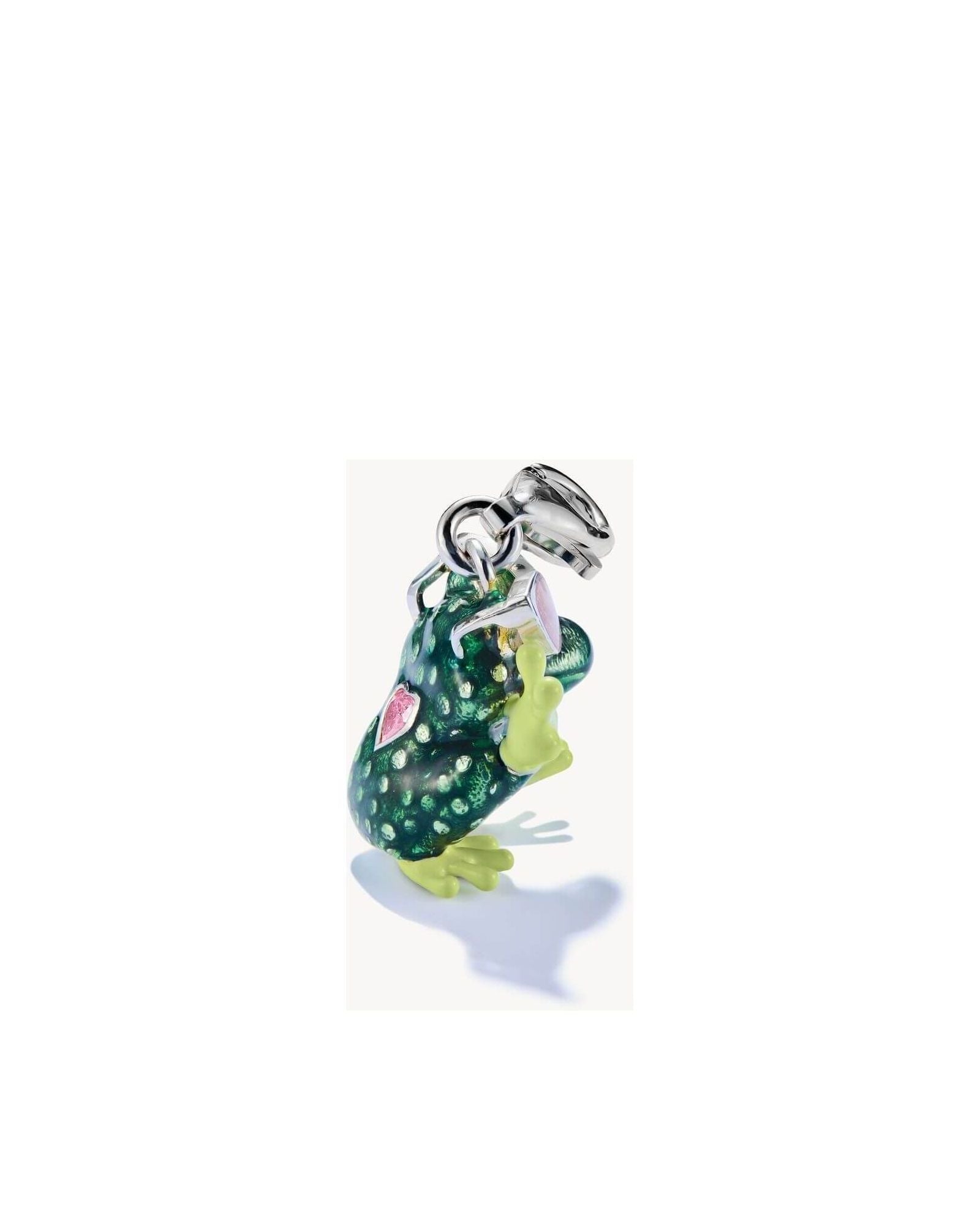 Charm pendant frog in recycled silver with pink and green enamel, sunglasses, and heart-shaped zircon.