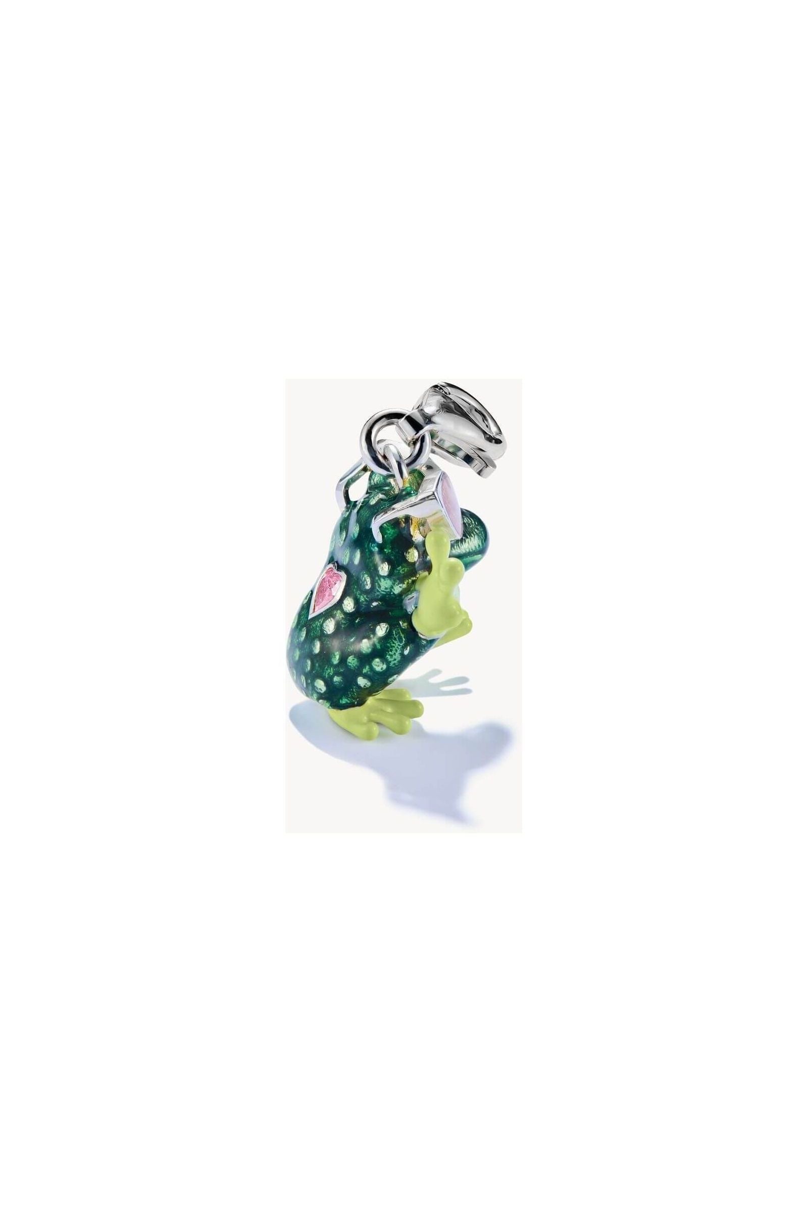 Charm pendant frog in recycled silver with pink and green enamel, sunglasses, and heart-shaped zircon.