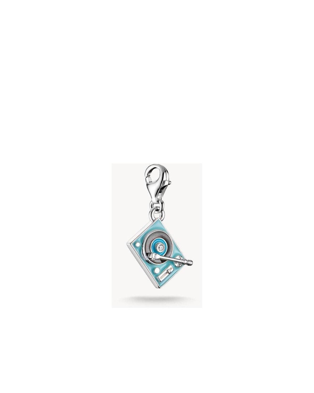 Pendentif charm tourne-disque en argent recyclé avec émail bleu et zircon, parfait pour les amateurs de musique.