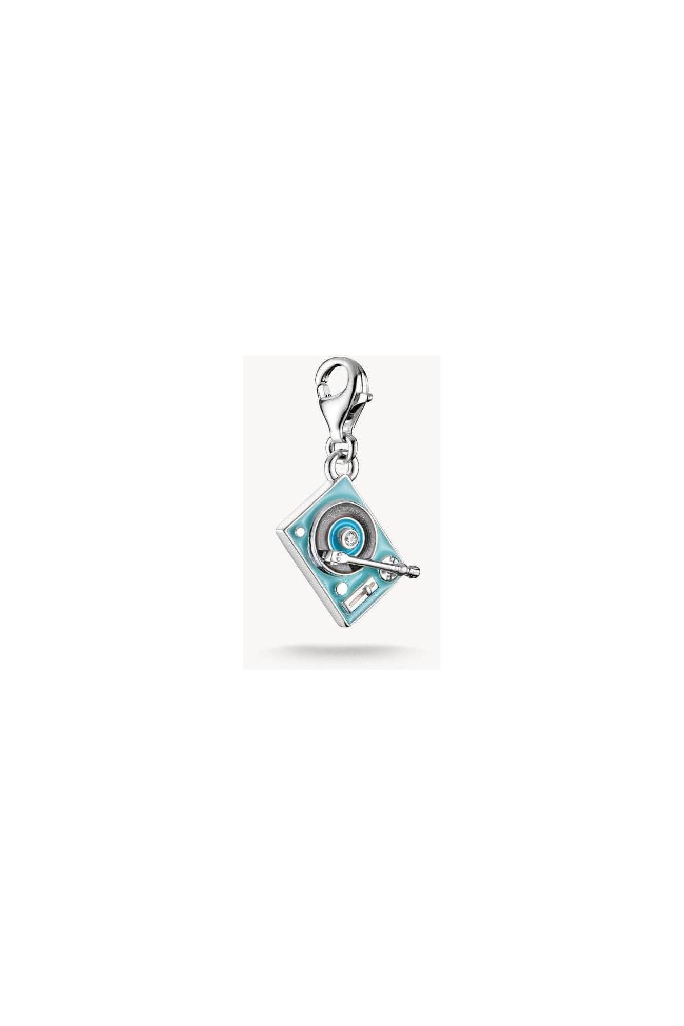 Pendentif charm tourne-disque en argent recyclé avec émail bleu et zircon, parfait pour les amateurs de musique.