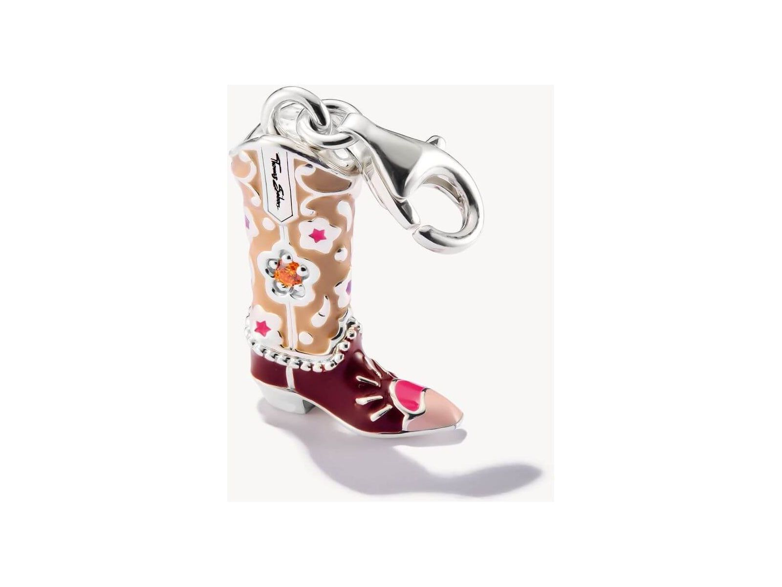 Botte de cowboy en argent charm avec émail coloré et détails 3D, pendant pour un look inspiré du Far West.