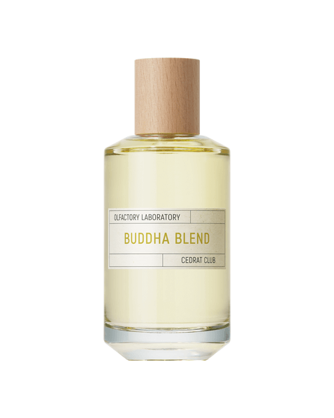 Buddha Blend perfume bottle from Olfactory Laboratory featuring a wooden cap and elegant design.