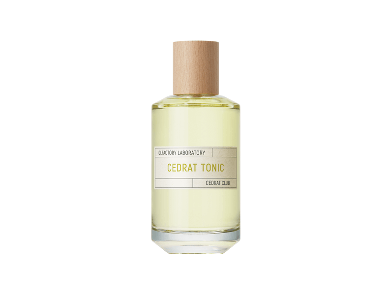 CEDRAT TONIC fragrance bottle by Olfactory Laboratory, featuring a wooden cap and fresh yellow liquid.