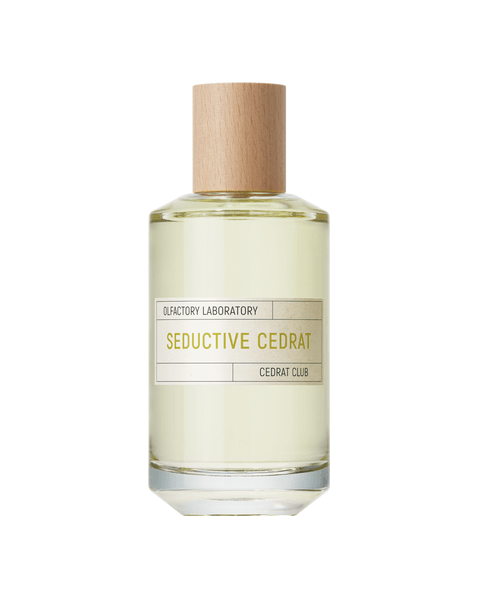 Bottle of Seductive Cedrat perfume by Olfactory Laboratory with a wooden cap, showcasing its elegant and refreshing scent.