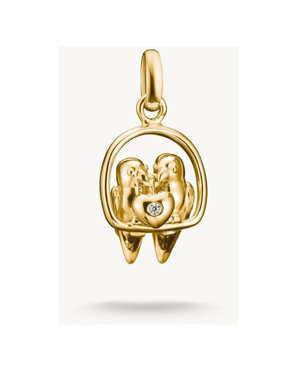Pendentif charm Tourtereaux Connect en plaqué or, avec deux oiseaux et cœur en zircon blanc, élégant et symbolique.