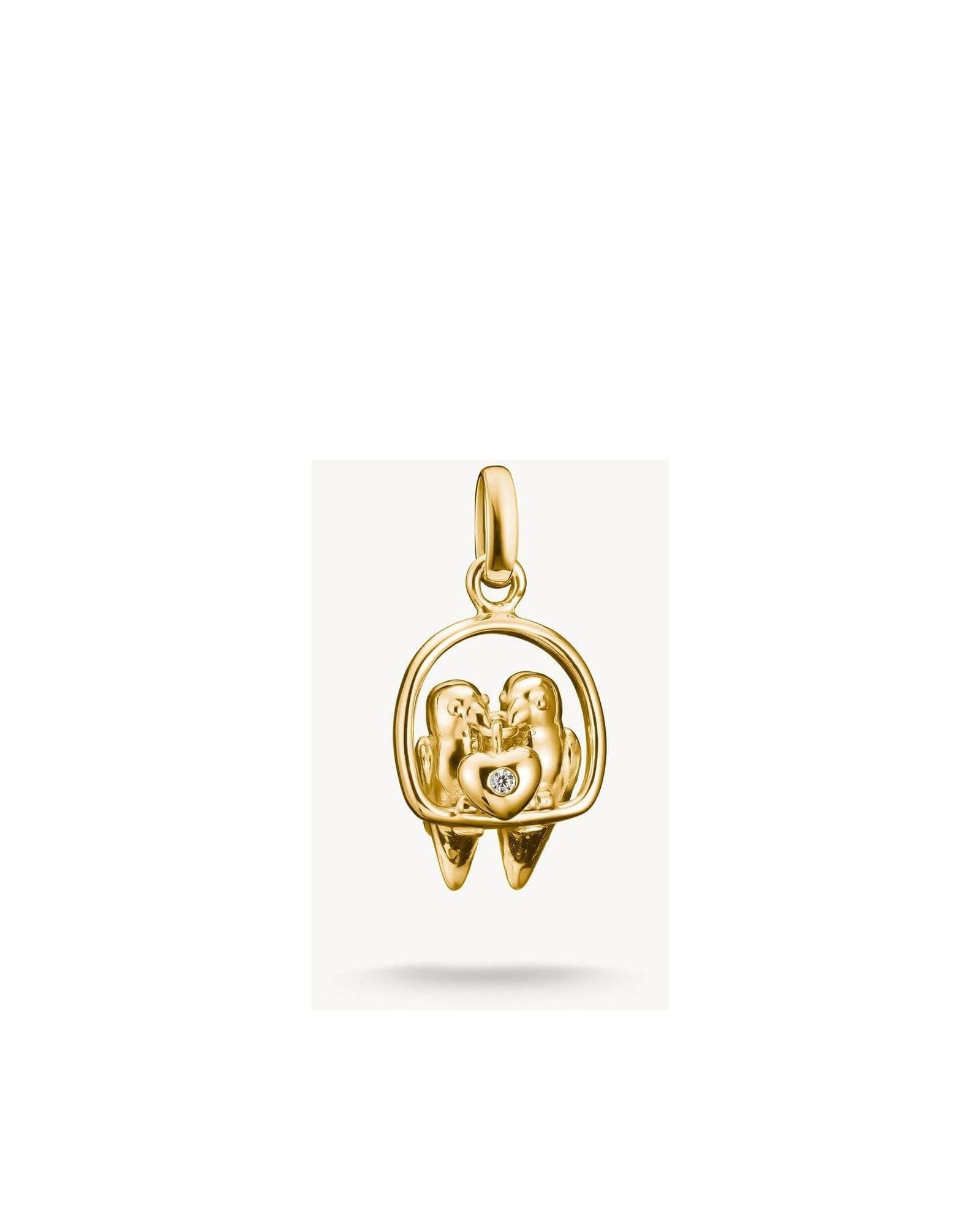 Pendentif charm Tourtereaux Connect en plaqué or, avec deux oiseaux et cœur en zircon blanc, élégant et symbolique.