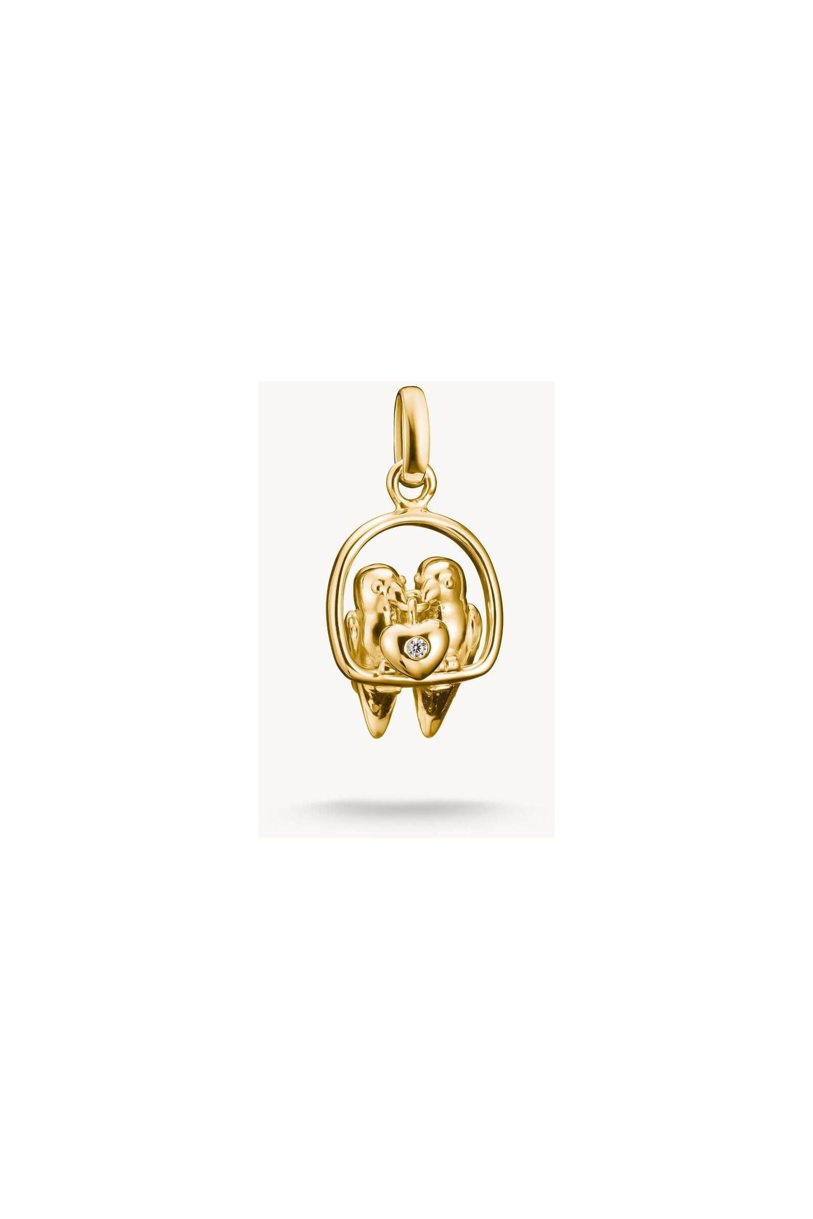 Pendentif charm Tourtereaux Connect en plaqué or, avec deux oiseaux et cœur en zircon blanc, élégant et symbolique.