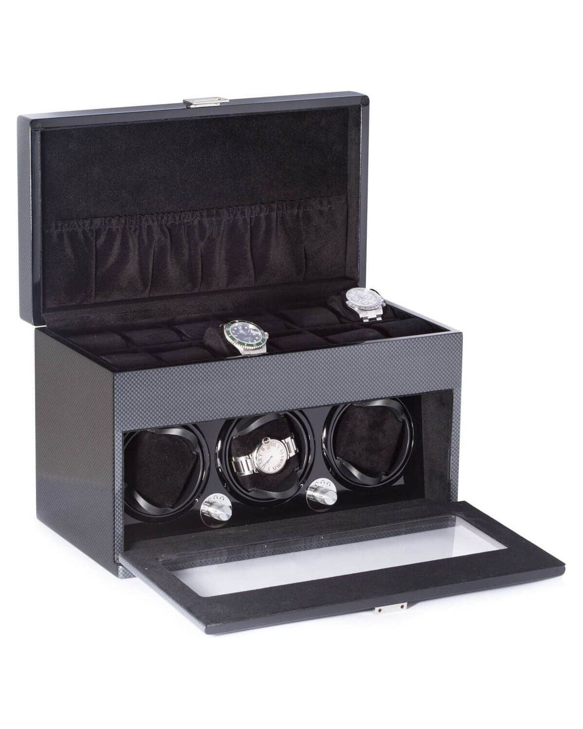 Montre President Winder en acier avec remontoir pour 3 montres et rangement pour 12 montres, finition en fibre de carbone.
