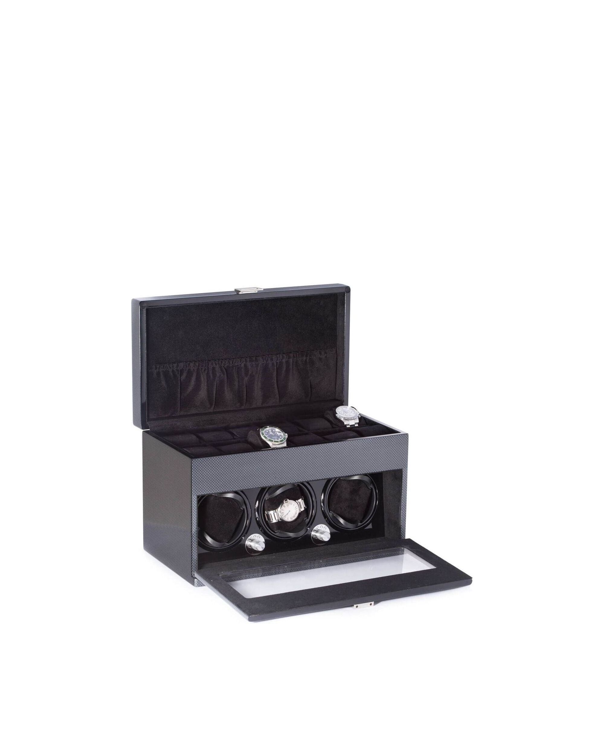 Montre President Winder en acier avec remontoir pour 3 montres et rangement pour 12 montres, finition en fibre de carbone.