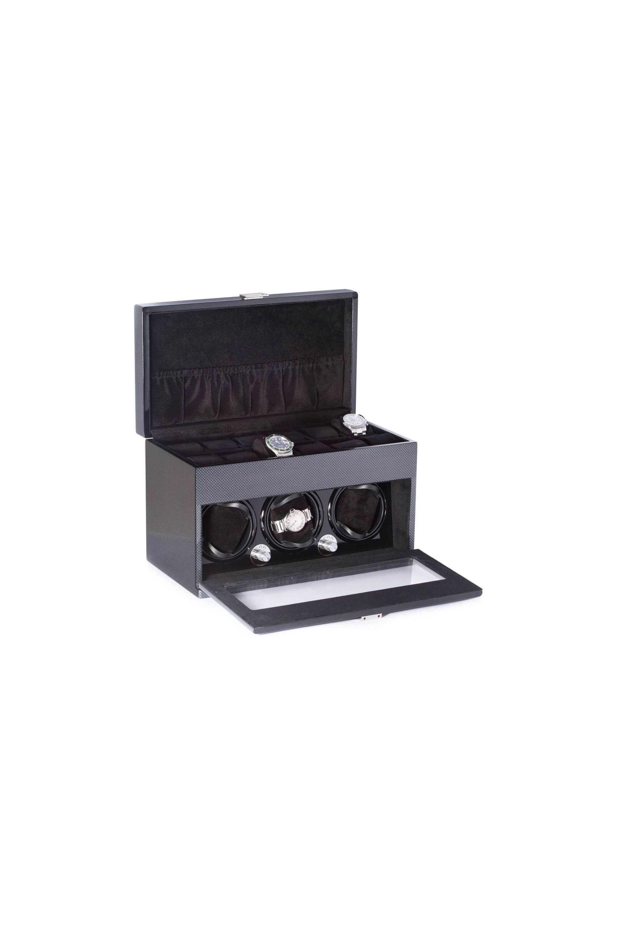 Montre President Winder en acier avec remontoir pour 3 montres et rangement pour 12 montres, finition en fibre de carbone.