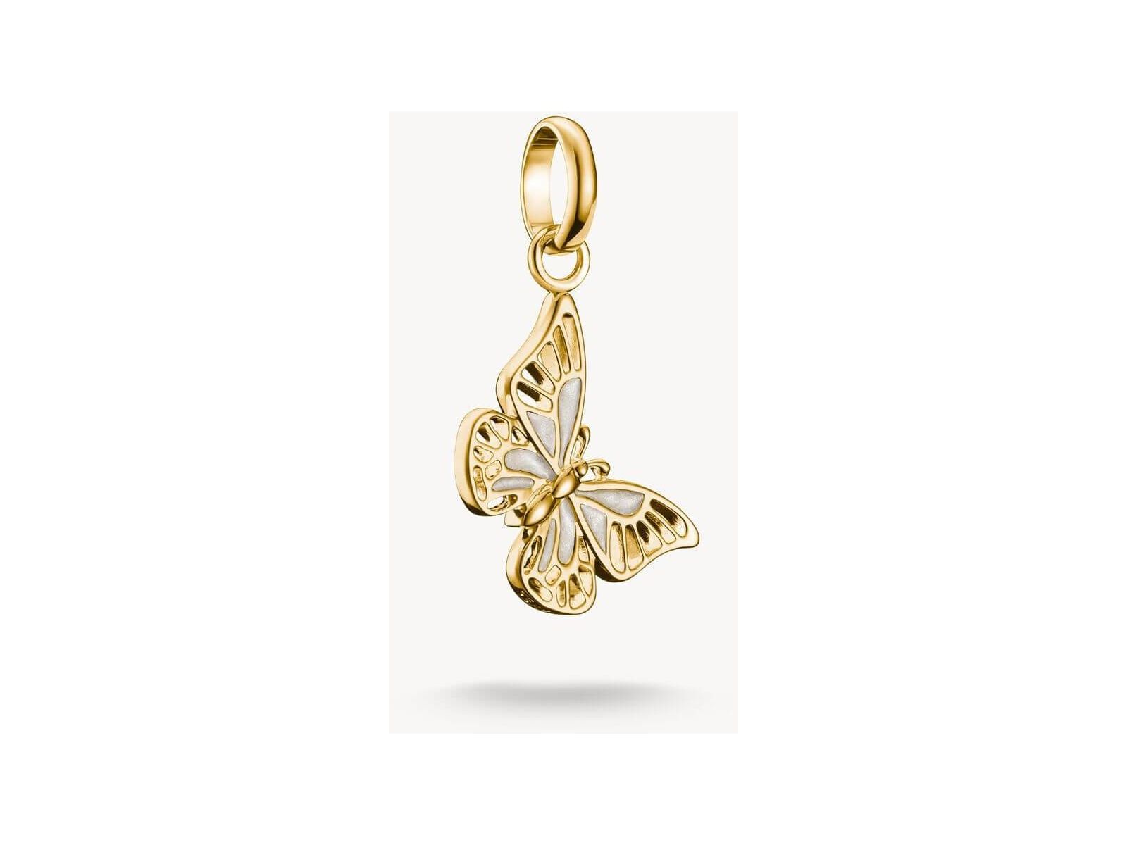Pendentif charm papillon plaqué or 18k avec émail blanc scintillant, design délicat et fin découpage.