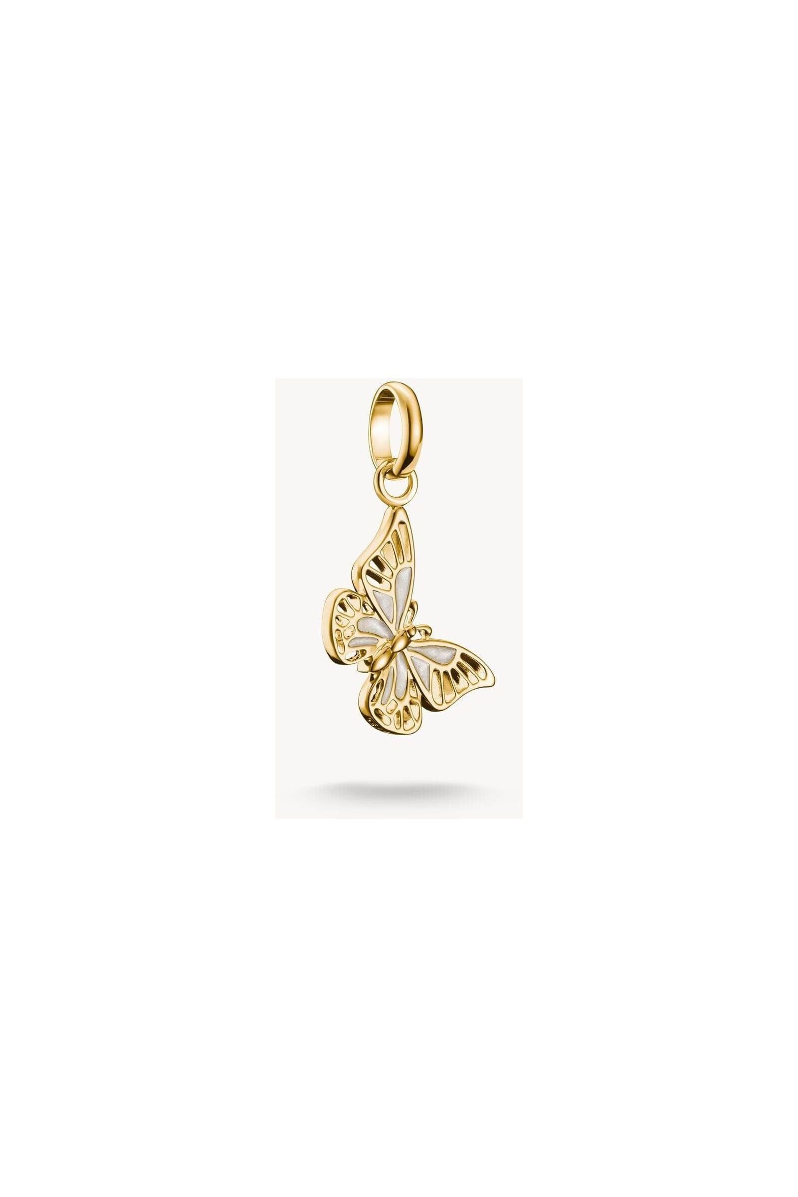 Pendentif charm papillon plaqué or 18k avec émail blanc scintillant, design délicat et fin découpage.