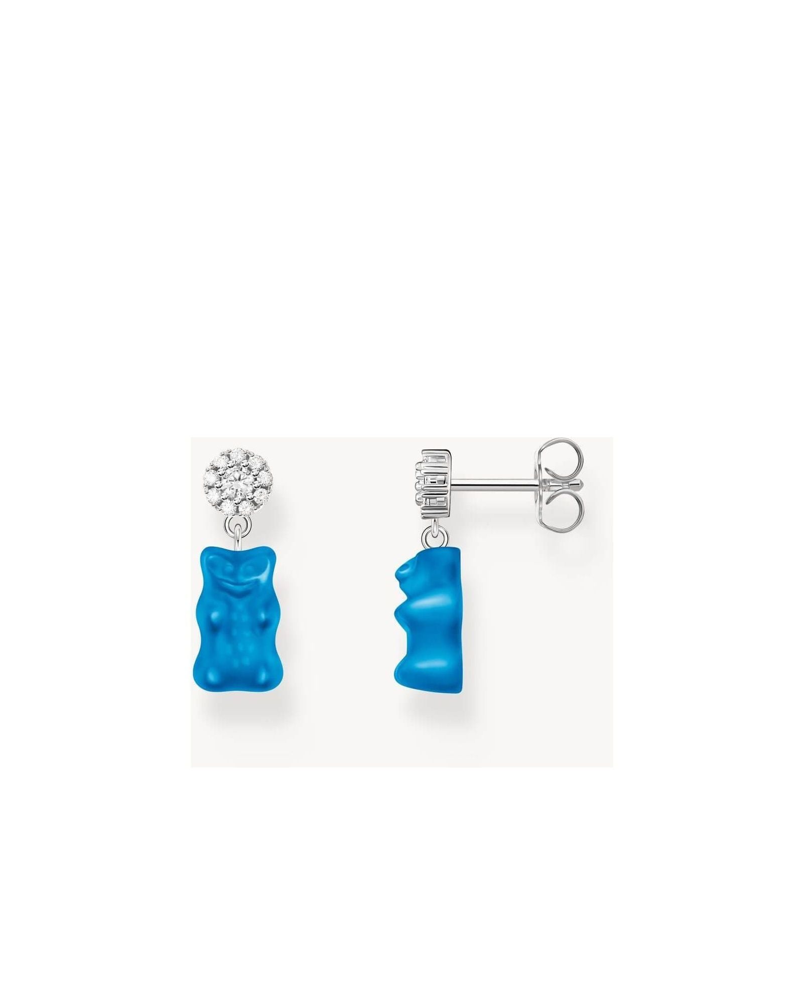 Clous d'oreilles en argent 925 recyclé avec pendentifs oursons en gomme bleus et zircons blancs.