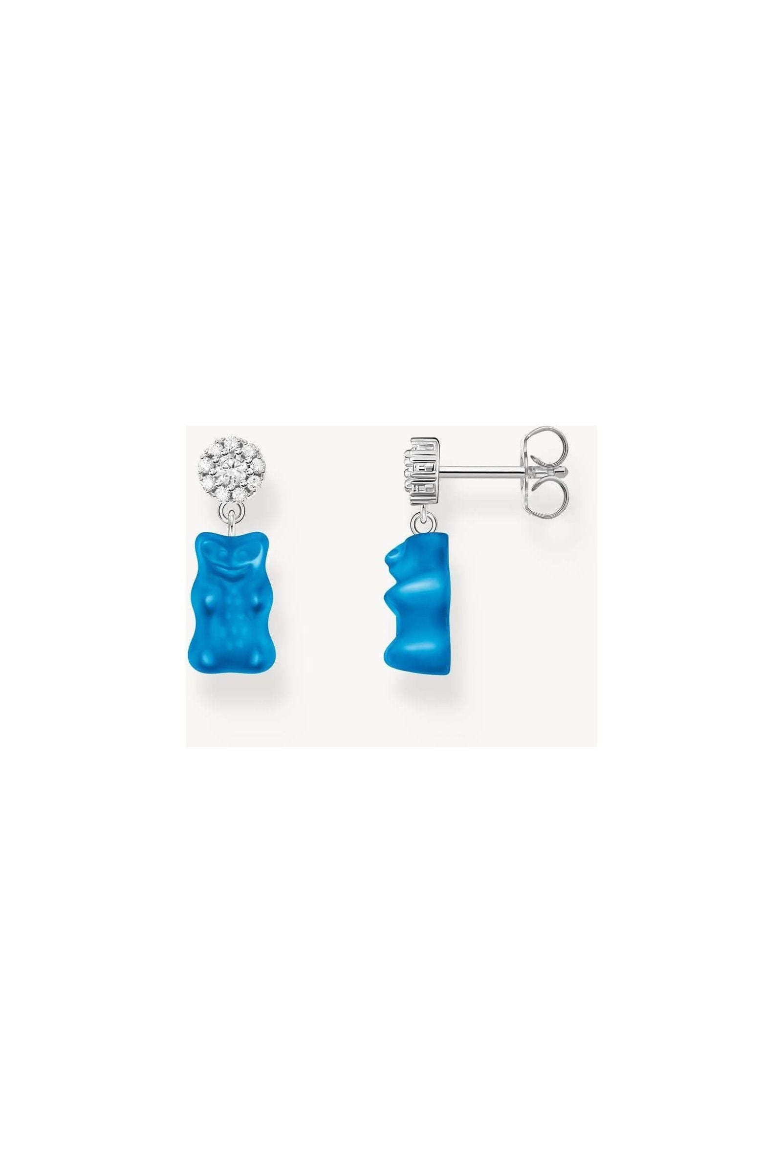 Clous d'oreilles en argent 925 recyclé avec pendentifs oursons en gomme bleus et zircons blancs.