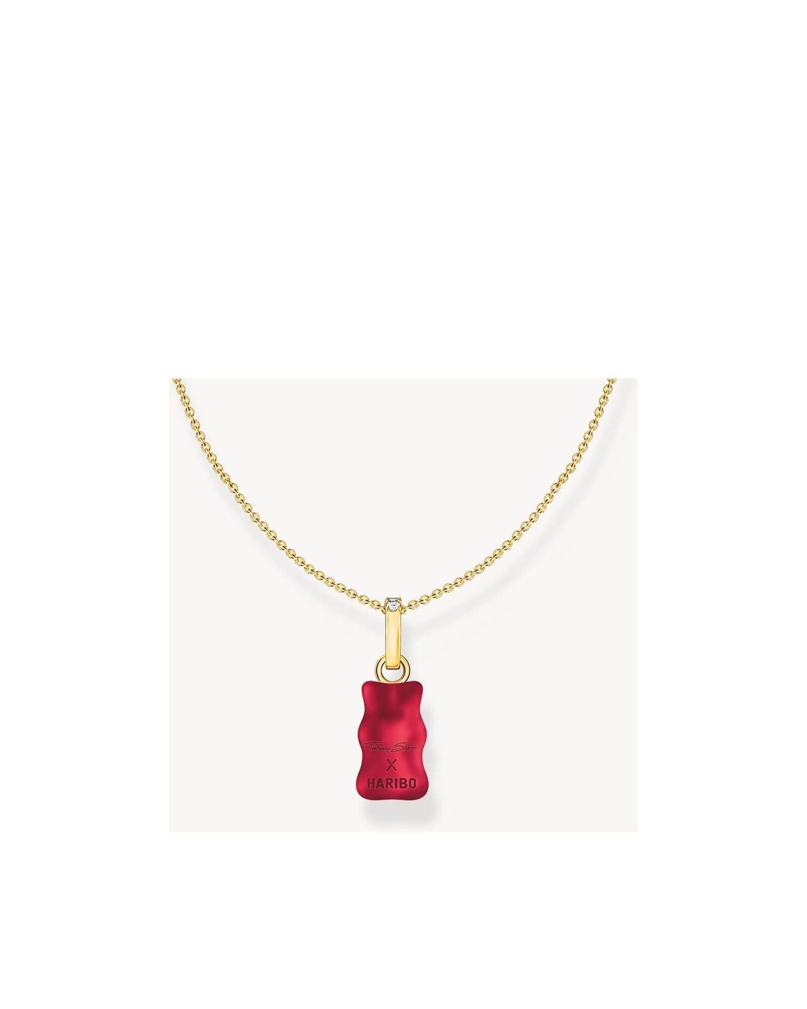 Chaîne en or avec breloque en forme d'ours gélifié HARIBO rouge, sertie d'un zircon blanc.