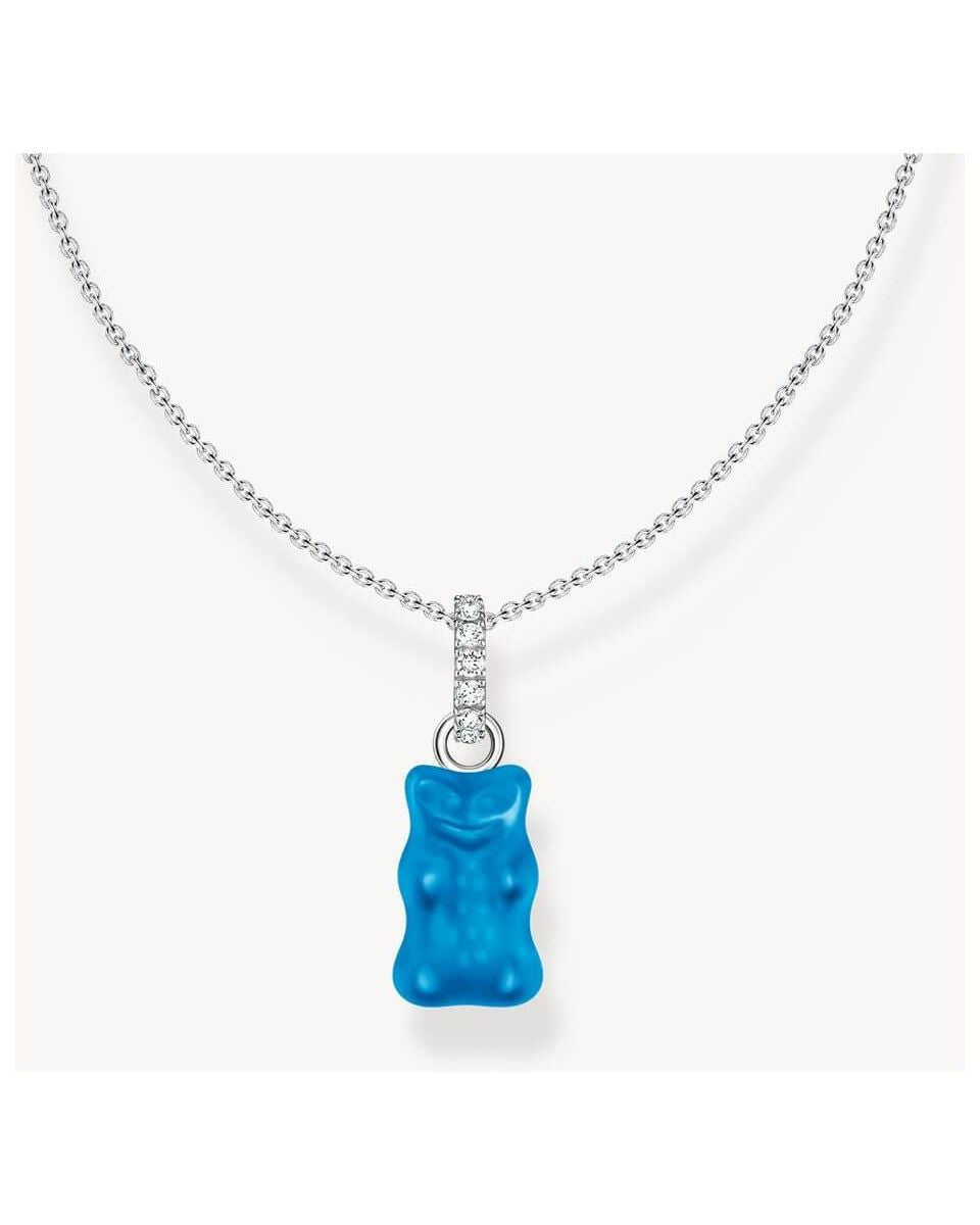 Chaîne à breloque argent avec pendentif ours bleu en cristal et détails en zircones blanches, ajustable 40-45 cm.