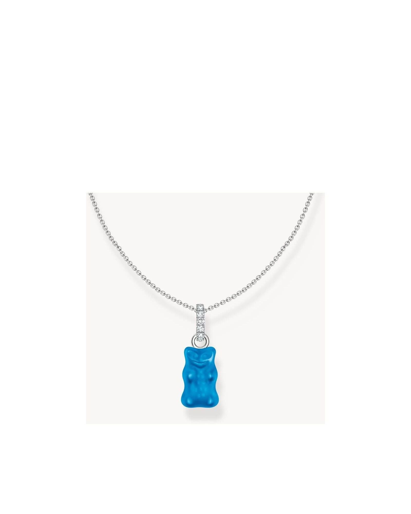 Chaîne à breloque argent avec pendentif ours bleu en cristal et détails en zircones blanches, ajustable 40-45 cm.